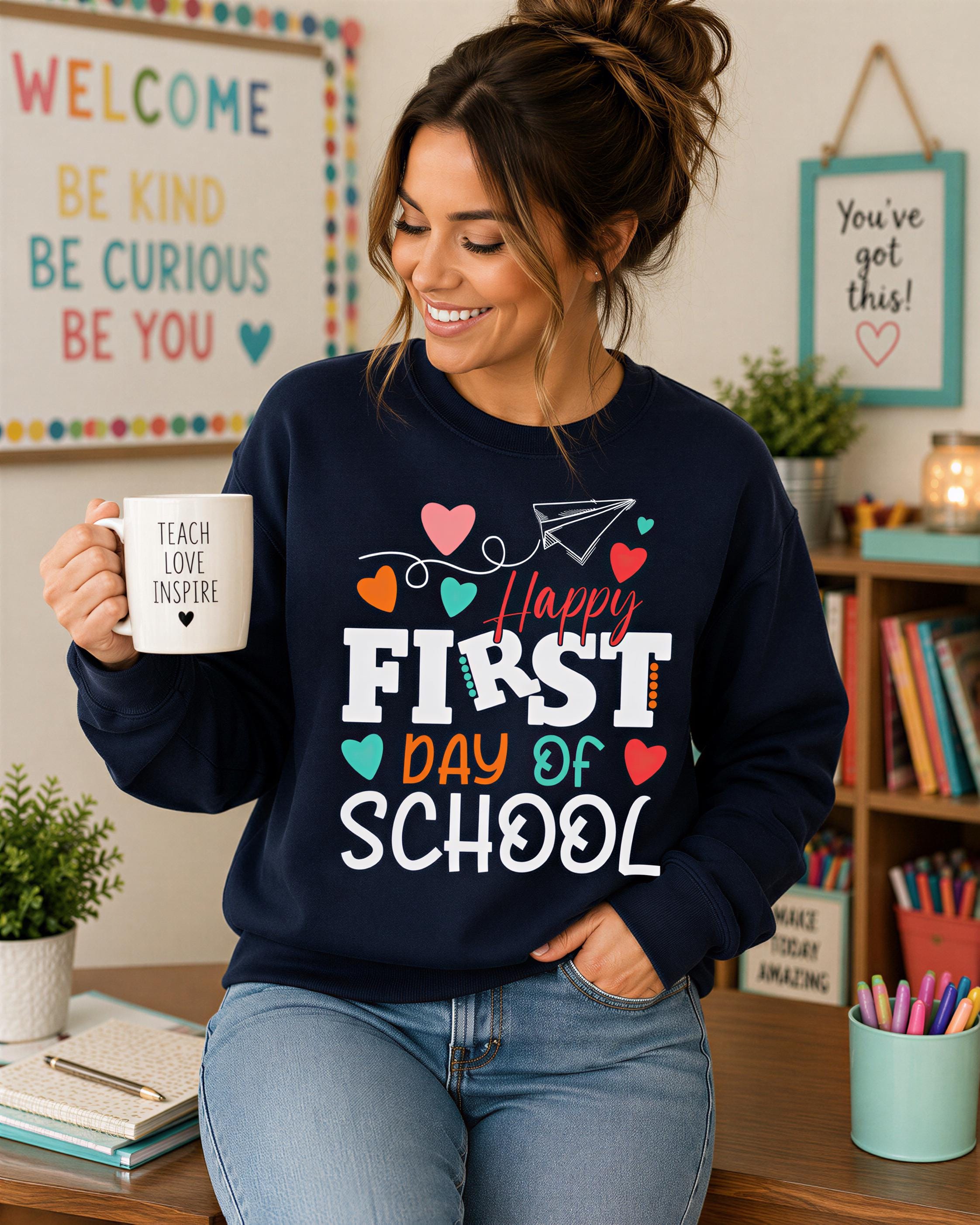 A woman wearing a navy blue sweatshirt with a colorful design holding a coffee mug and smiling.