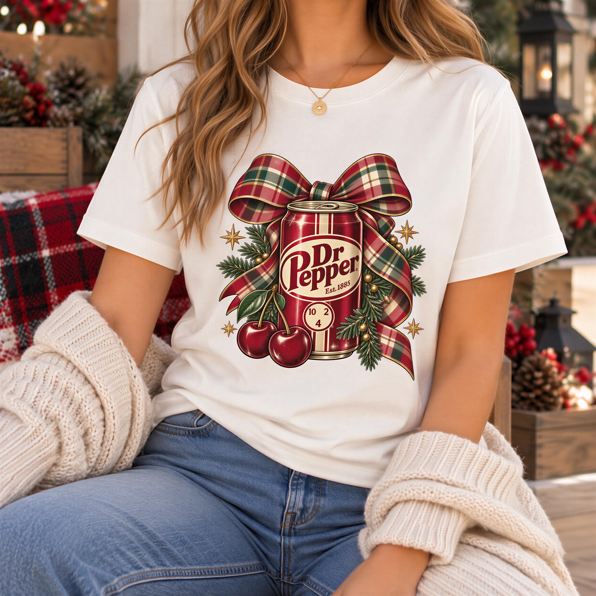 A woman wearing a white t-shirt with a graphic of a can of Dr Pepper, decorated with a bow and pine cones, sitting in front of a Christmas tree.
