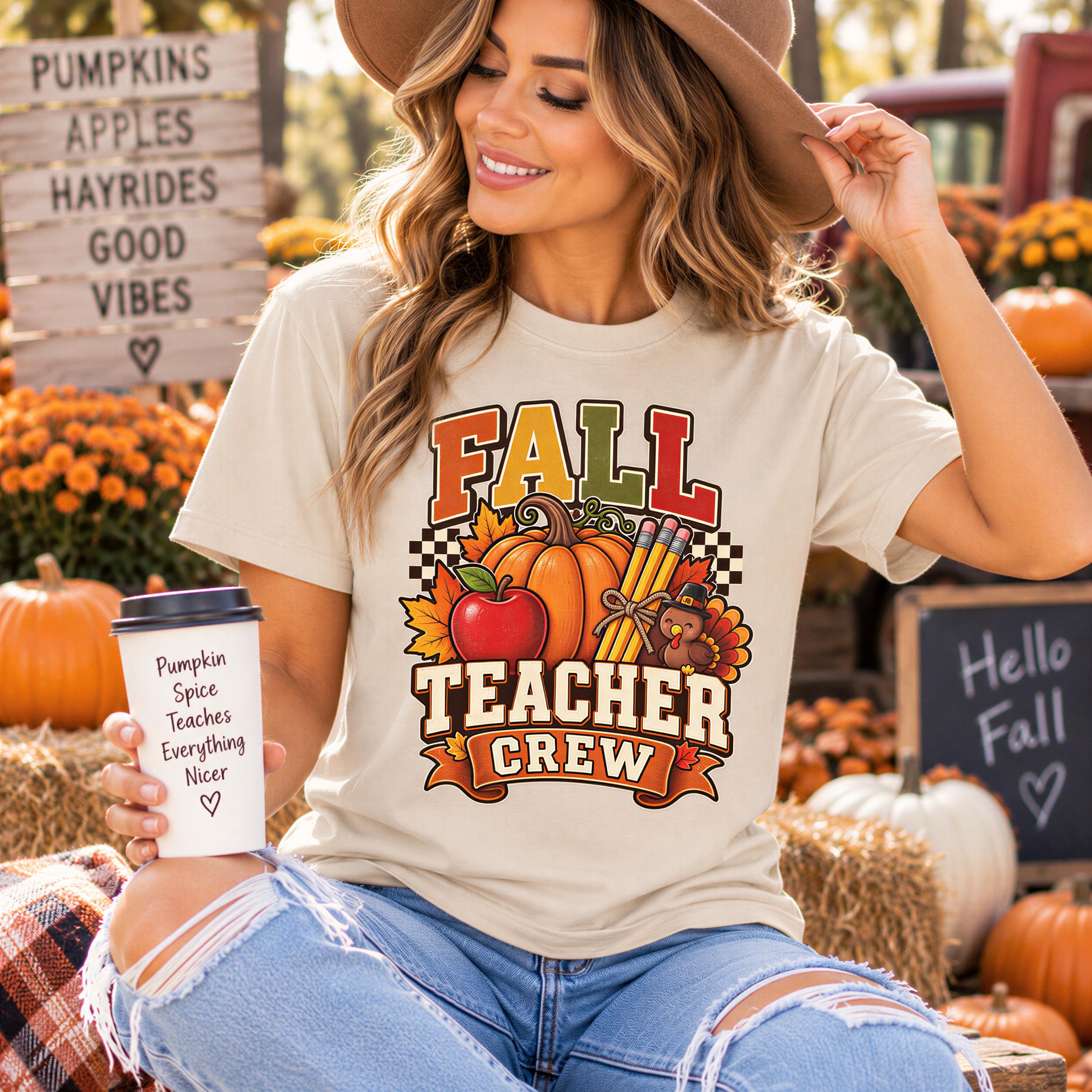A woman wearing a t-shirt with a fall-themed graphic and holding a coffee cup is sitting in front of a pumpkin patch with fall decorations.
