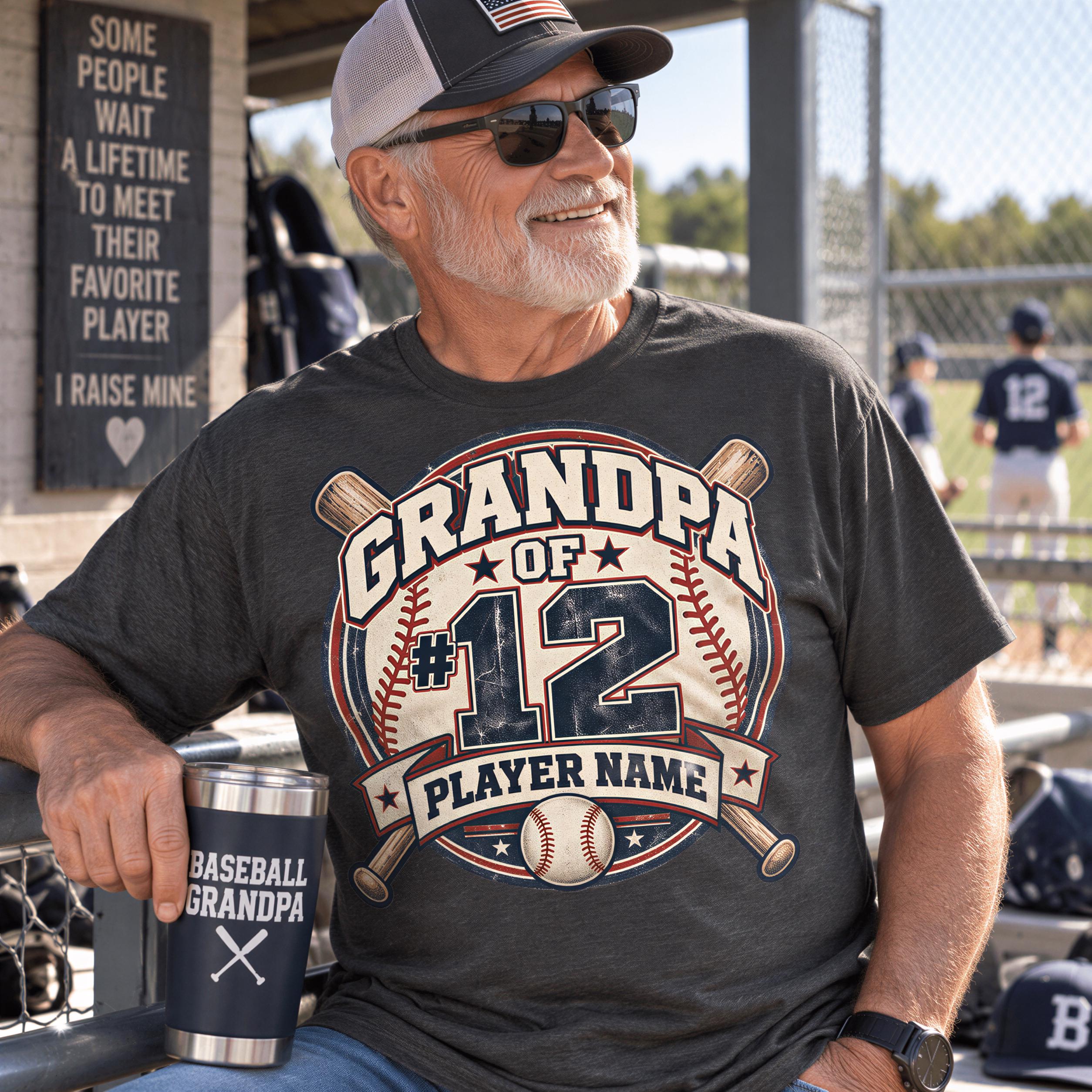 A man wearing a baseball-themed t-shirt and a cap is sitting on a bench, holding a baseball-themed mug.