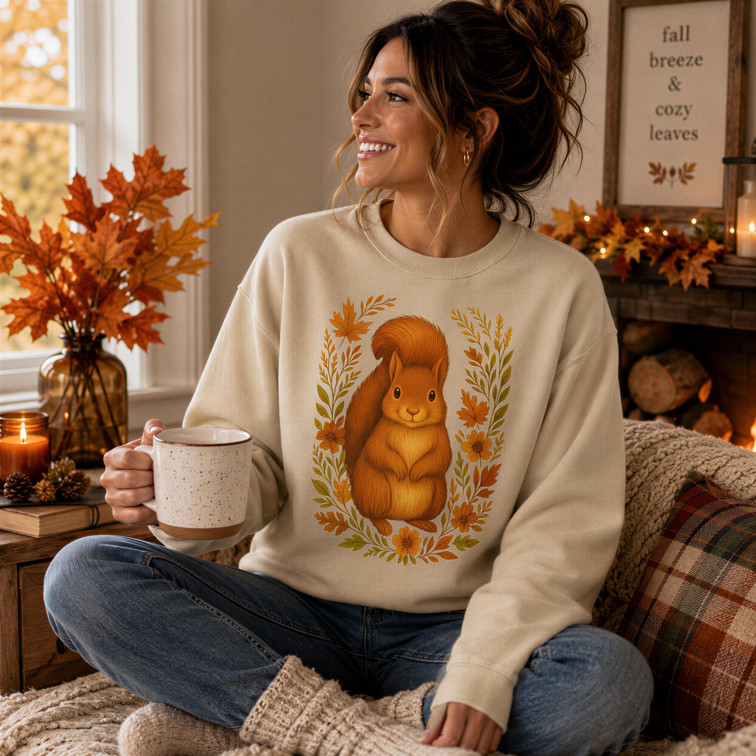 A woman sits on a couch, wearing a sweater with a squirrel design, holding a mug and smiling. The room has autumn decorations, including orange leaves and a fireplace, creating a cozy and festive atmosphere.