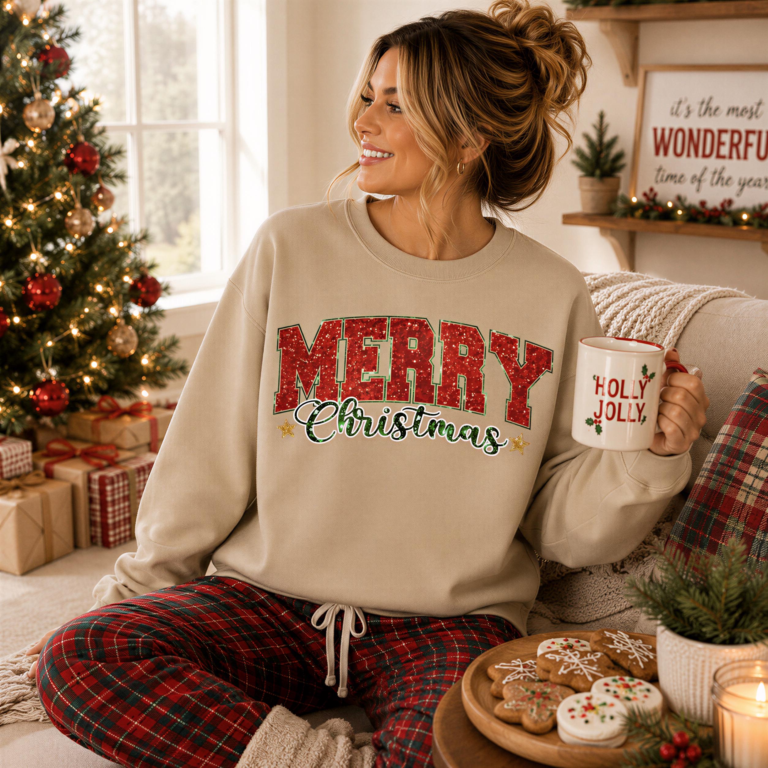A woman wearing a beige sweatshirt with the word "MERRY CHRISTMAS" and plaid pajama bottoms is sitting on a couch, holding a mug and smiling. The room is decorated with Christmas decorations, including a Christmas tree and presents.