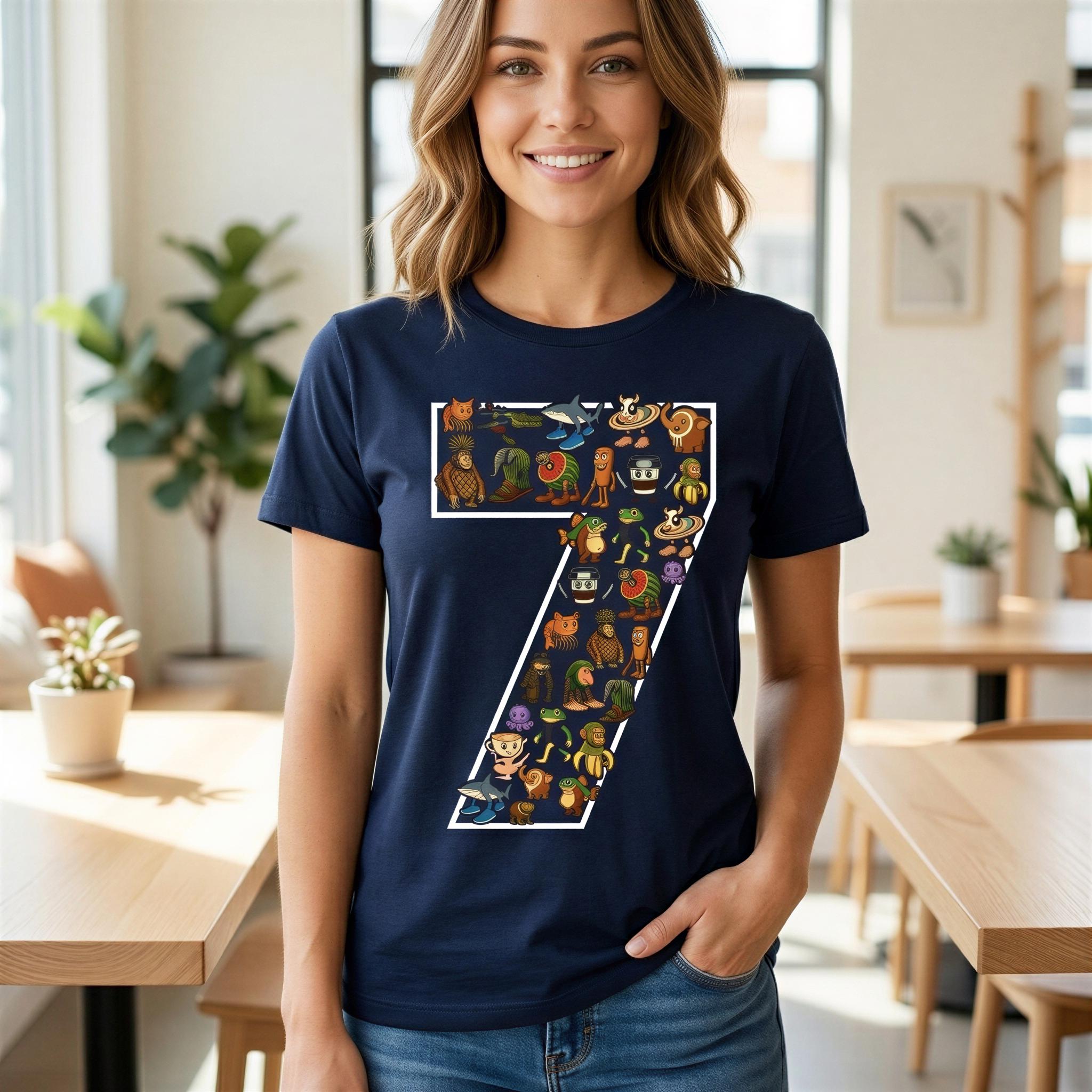 A woman wearing a navy blue t-shirt with a large number 7 graphic on it, smiling at the camera.