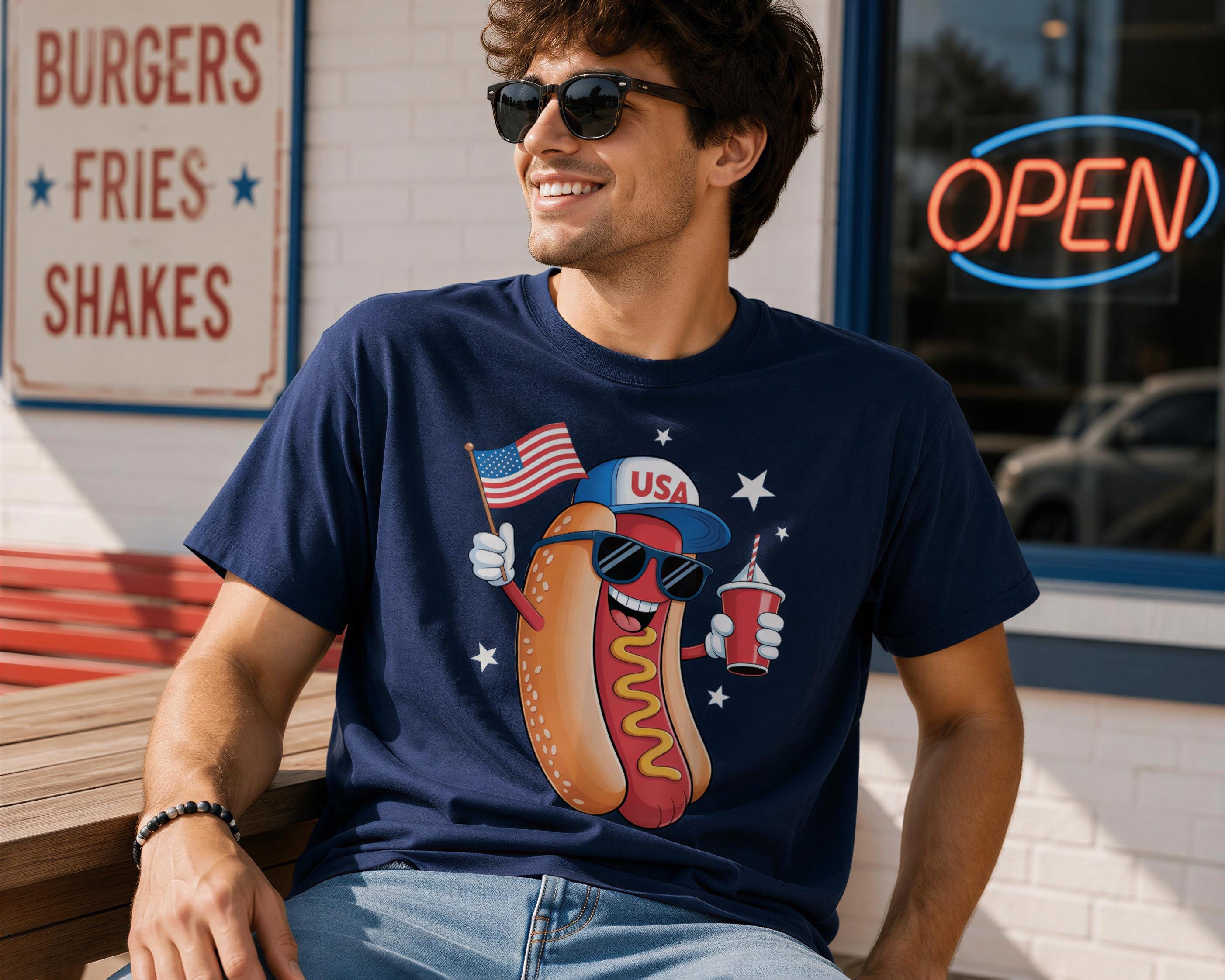 A man wearing a blue t-shirt with a hot dog graphic and sunglasses is sitting on a bench outside a restaurant.