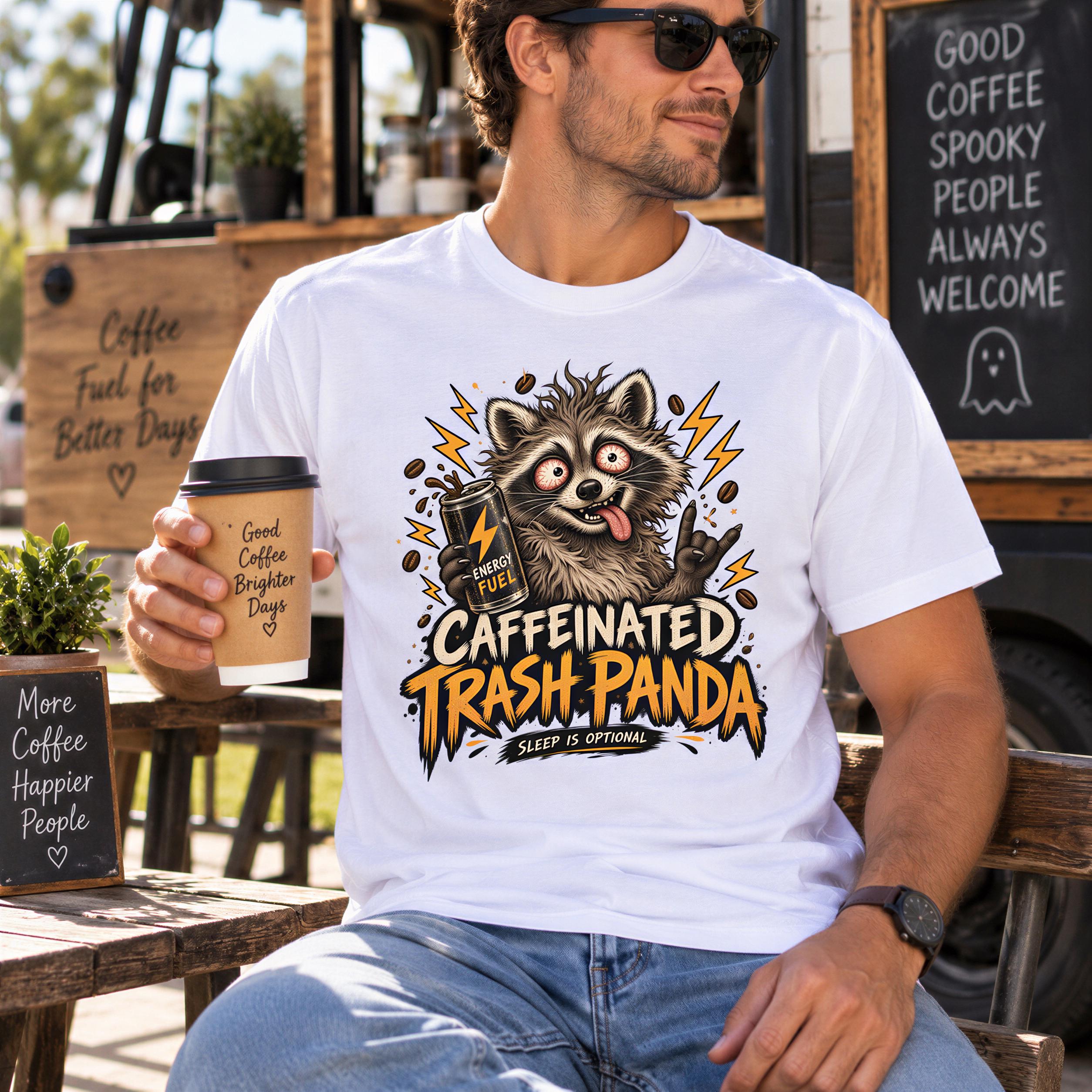 A man wearing a white t-shirt with a raccoon graphic and text, holding a coffee cup, sitting at an outdoor table.