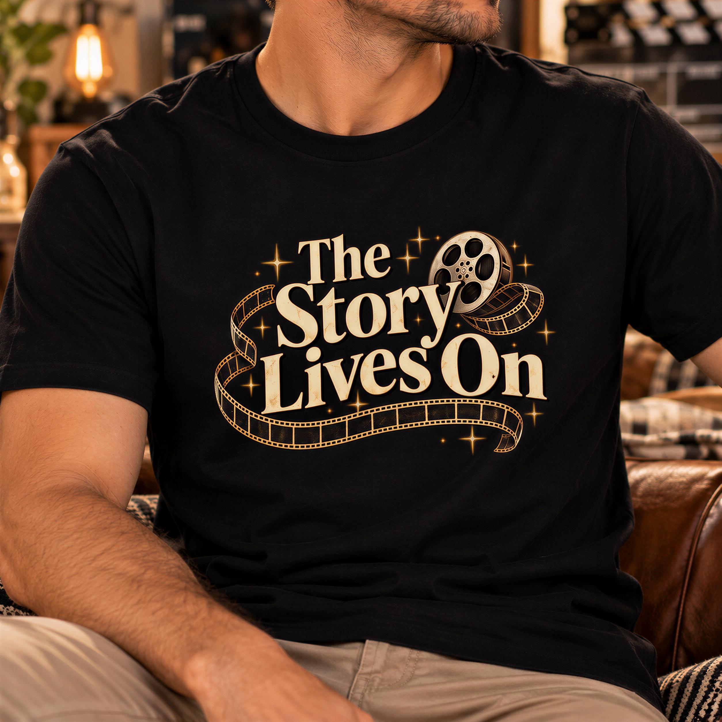 A man wearing a black t-shirt with the text "The Story Lives On" printed on it.