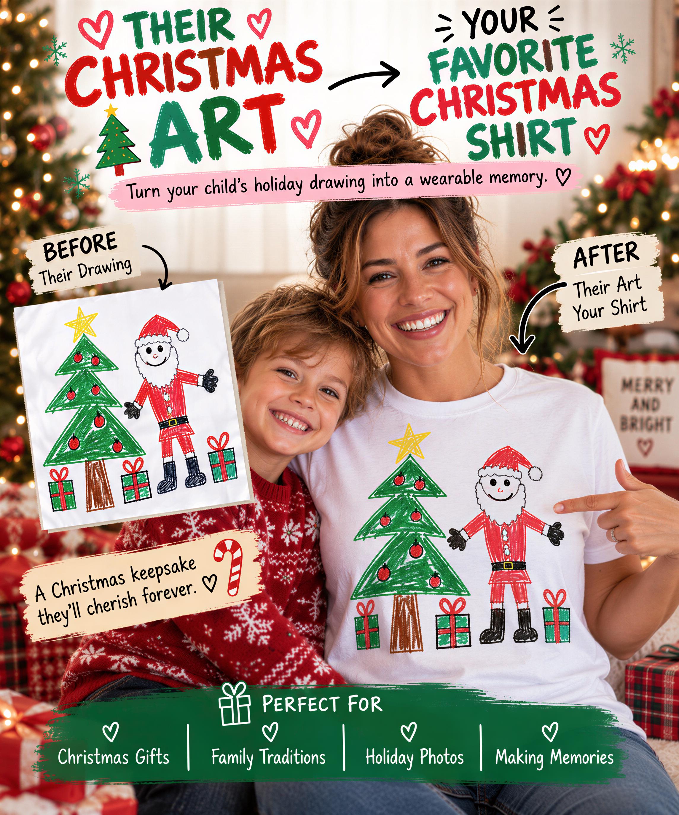 The image is a collage featuring a woman and a child, both smiling and posing with a Christmas-themed t-shirt. The t-shirt has a drawing of Santa Claus and presents, and the woman is pointing to the drawing. The image also includes text that reads "Their Christmas Art" and "YOUR FAVORITE CHRISTMAS ART SHIRT", suggesting that the woman is helping the child turn their drawing into a wearable memory.