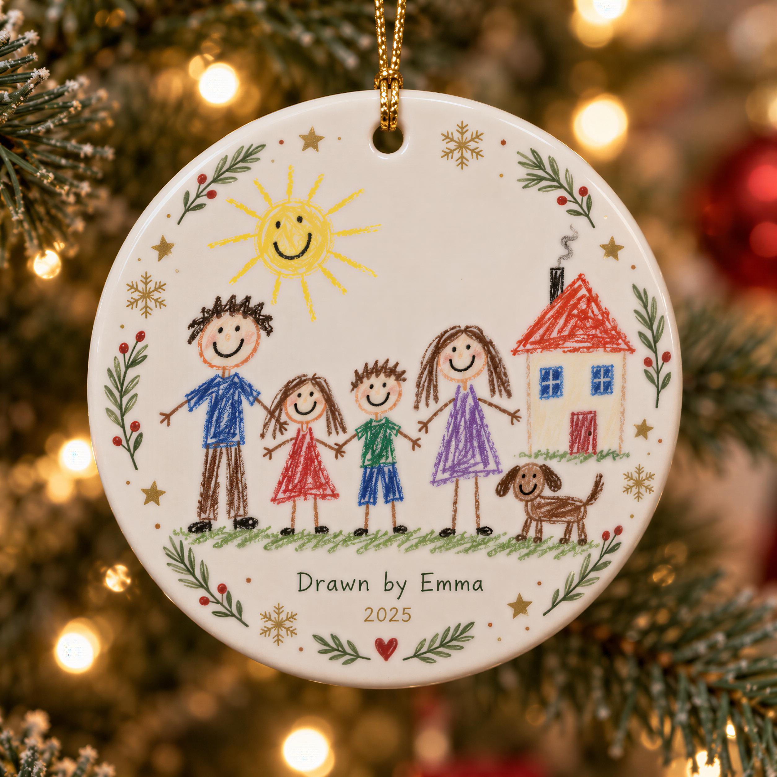 A hand-drawn ornament featuring a family of four, including a mother, father, son, and daughter, with a dog and a house in the background. The ornament is decorated with snowflakes, stars, and a sun.