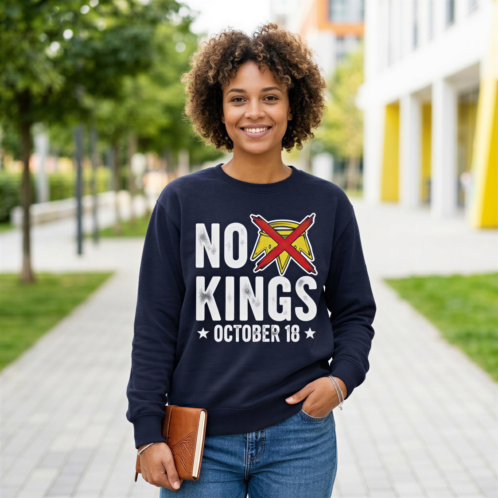A young woman with curly hair is standing on a sidewalk, wearing a navy blue sweatshirt with the text "NO KINGS OCTOBER 18" printed on it. She is smiling and holding a notebook in her hand.