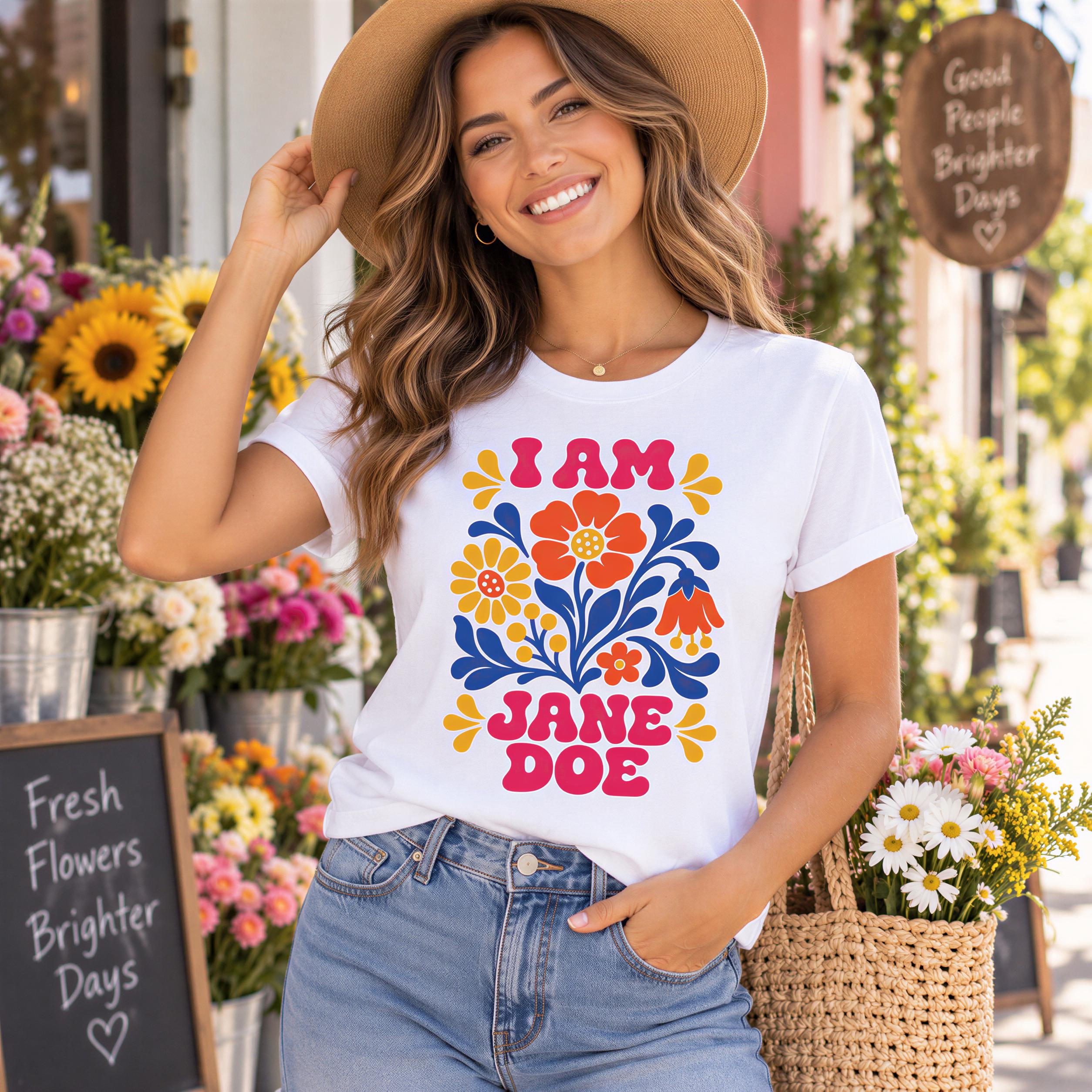 A woman wearing a white t-shirt with a colorful graphic design and a wide-brimmed hat is standing in front of a flower shop, holding a basket of flowers.