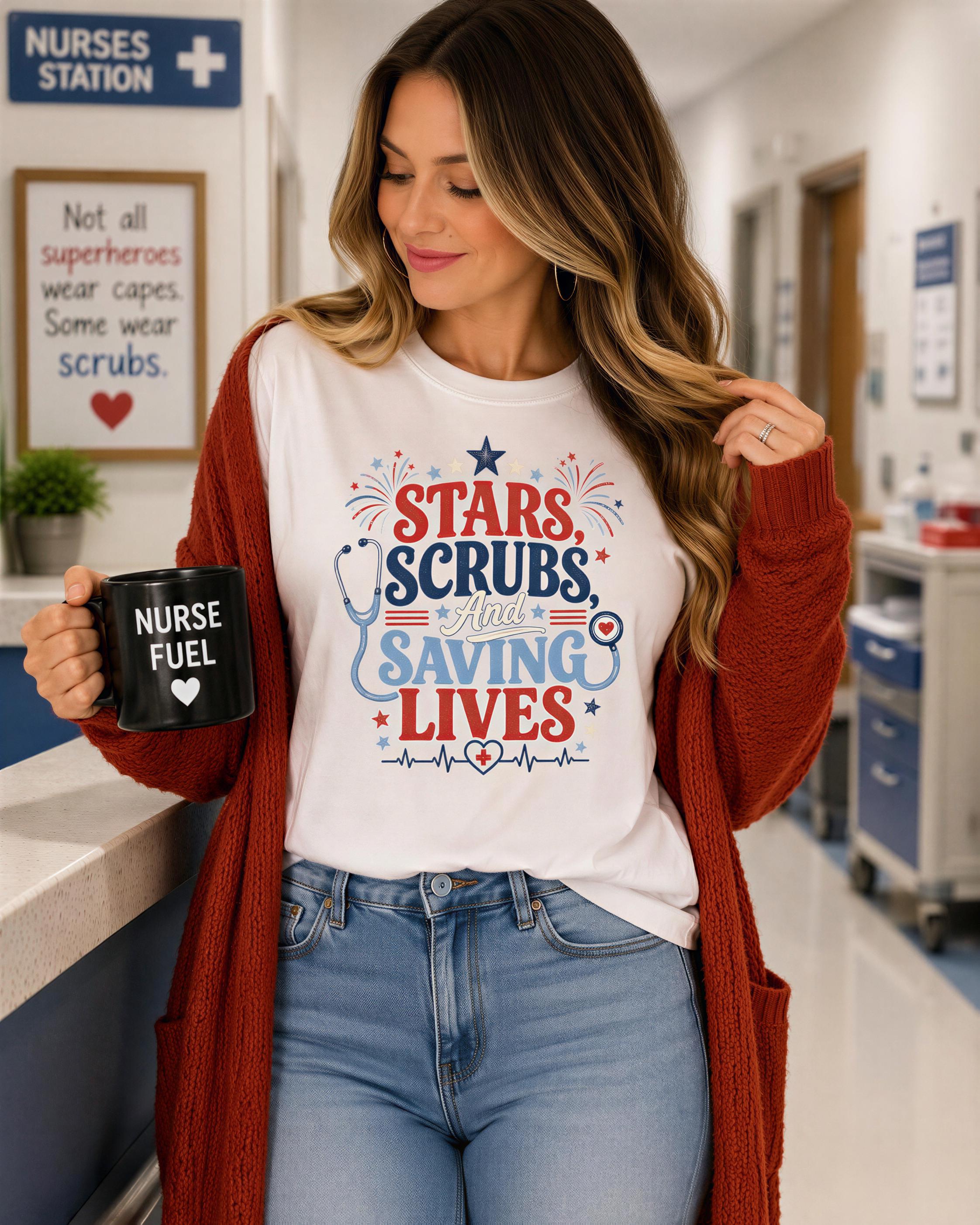 A woman wearing a white t-shirt with a graphic design and holding a black coffee mug with the text "NURSE FUEL" printed on it.