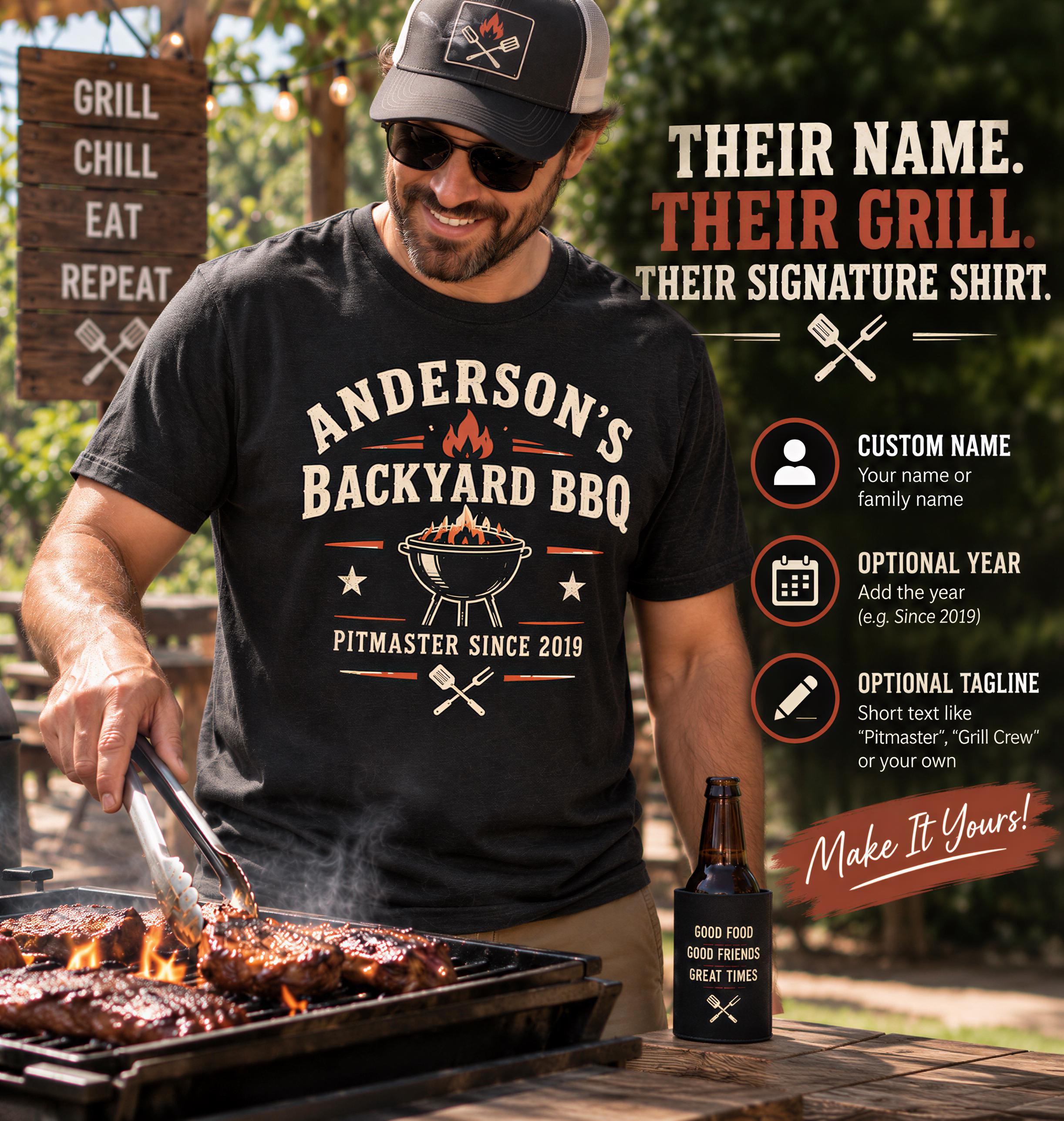 A man grilling outdoors, wearing a black t-shirt with a graphic design and text, and holding tongs over a grill.