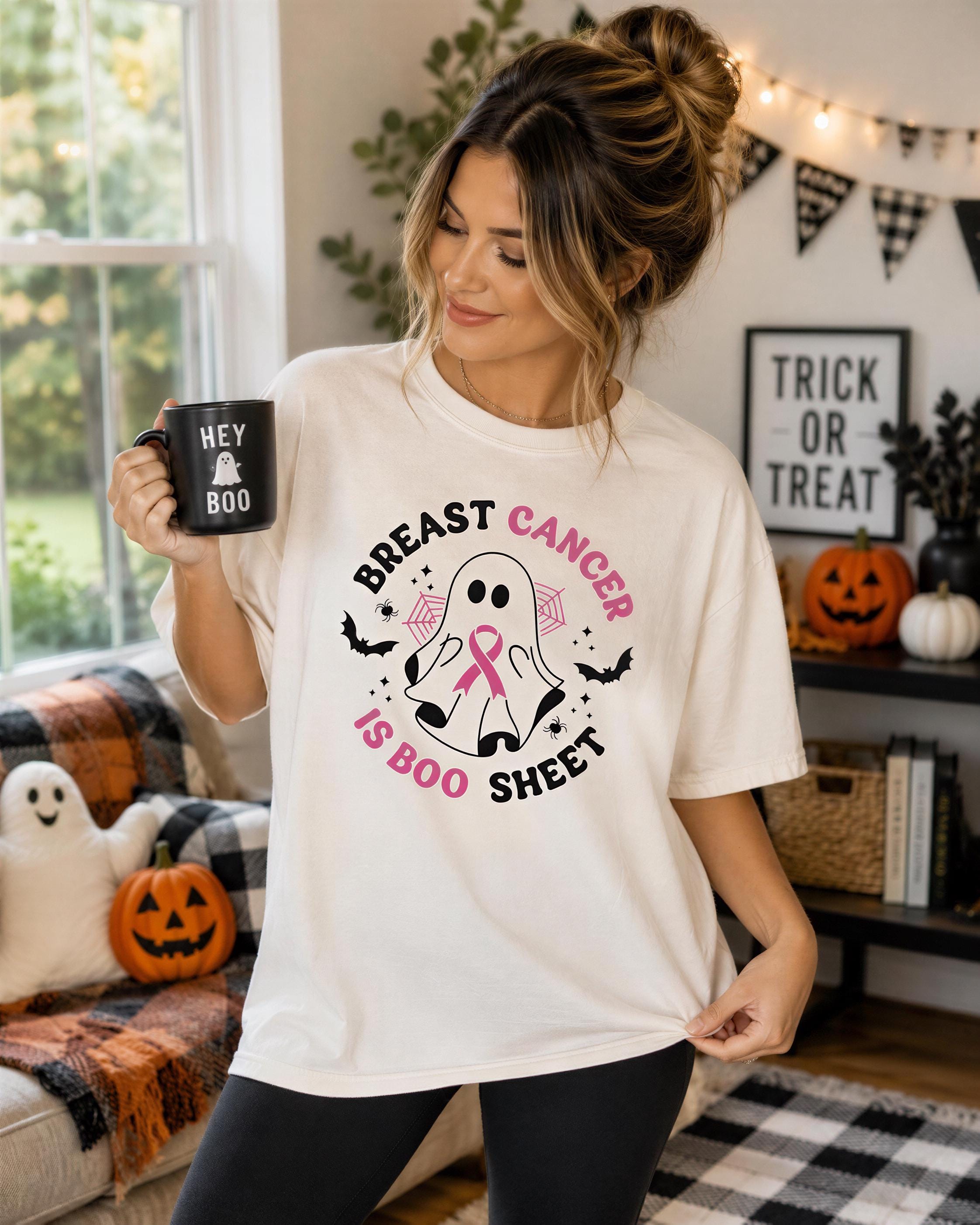 A woman wearing a white t-shirt with a graphic design and holding a mug with the text "HEY BOOO BREAST CANCER IS BOO SHEET" is standing in a room decorated for Halloween.
