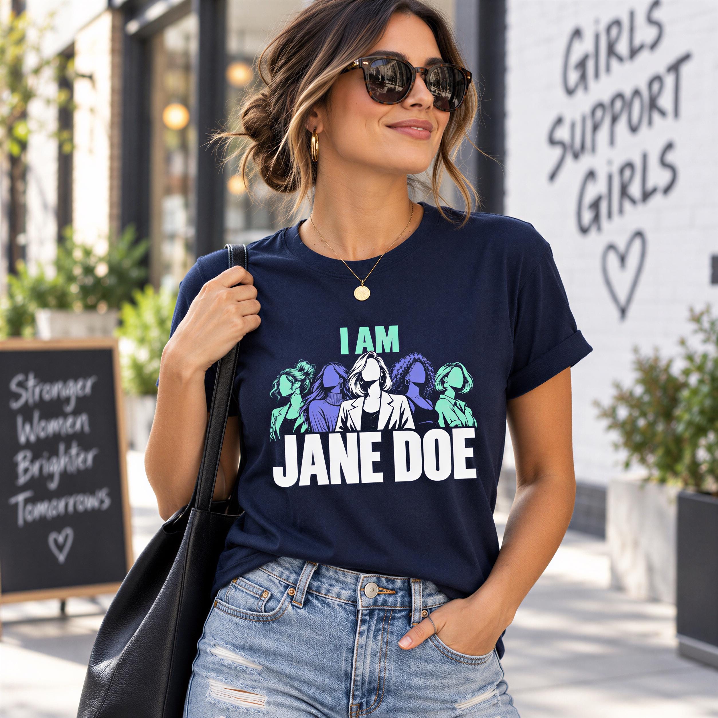 A woman wearing a navy blue t-shirt with a graphic design and sunglasses stands in front of a building with a sign that says "Girls Support Girls".