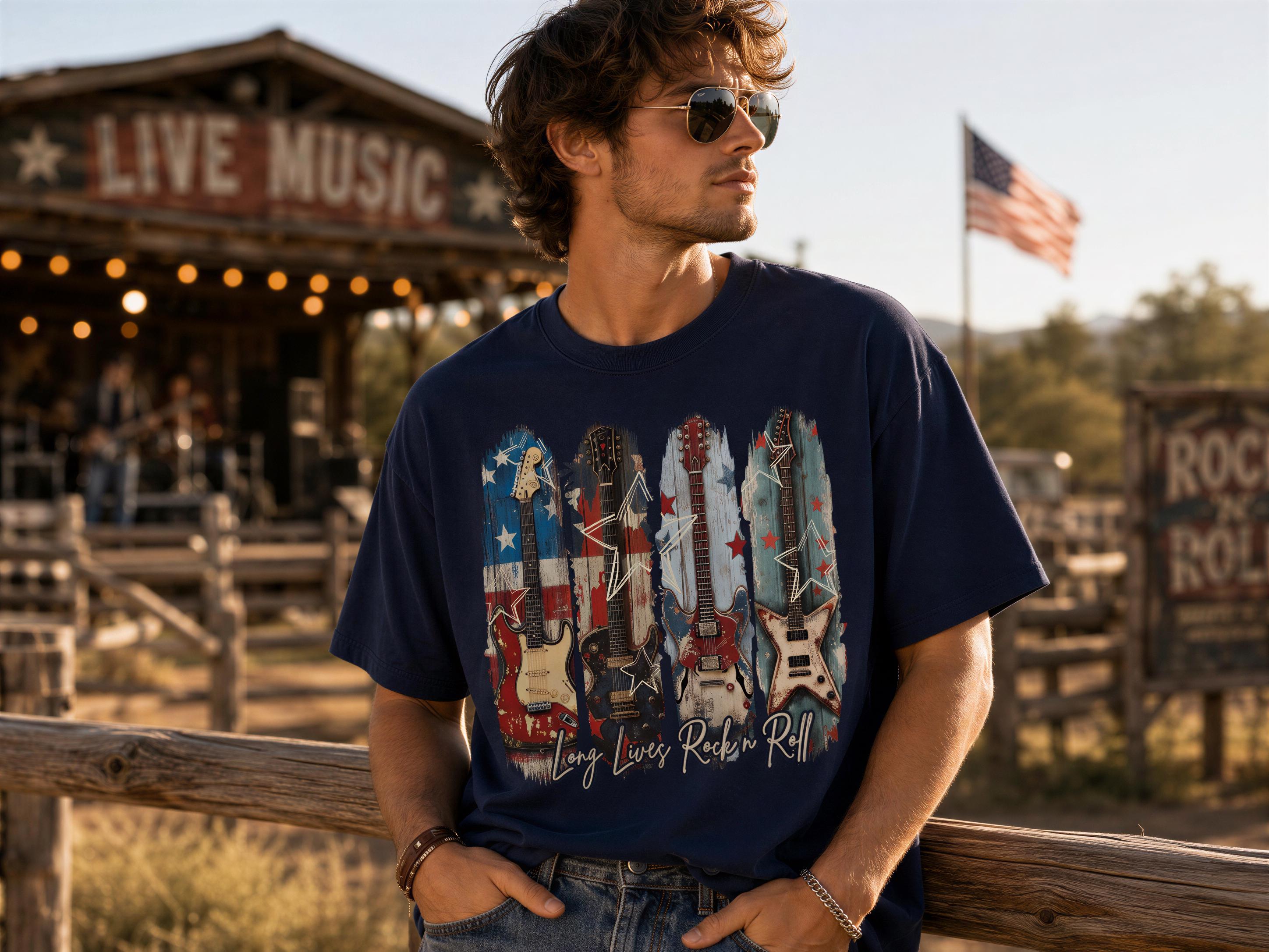 A man wearing sunglasses and a t-shirt with a graphic of a guitar and an American flag stands in front of a wooden fence and a building with a "LIVE MUSIC" sign.