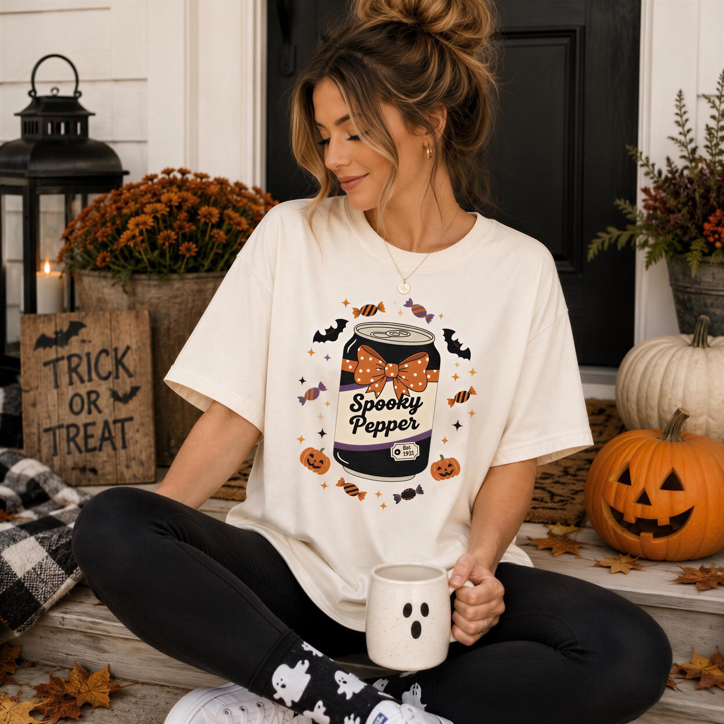 A woman sitting on a porch, wearing a white t-shirt with a Halloween-themed design, holding a mug, and surrounded by Halloween decorations such as pumpkins and a "Trick or Treat" sign.