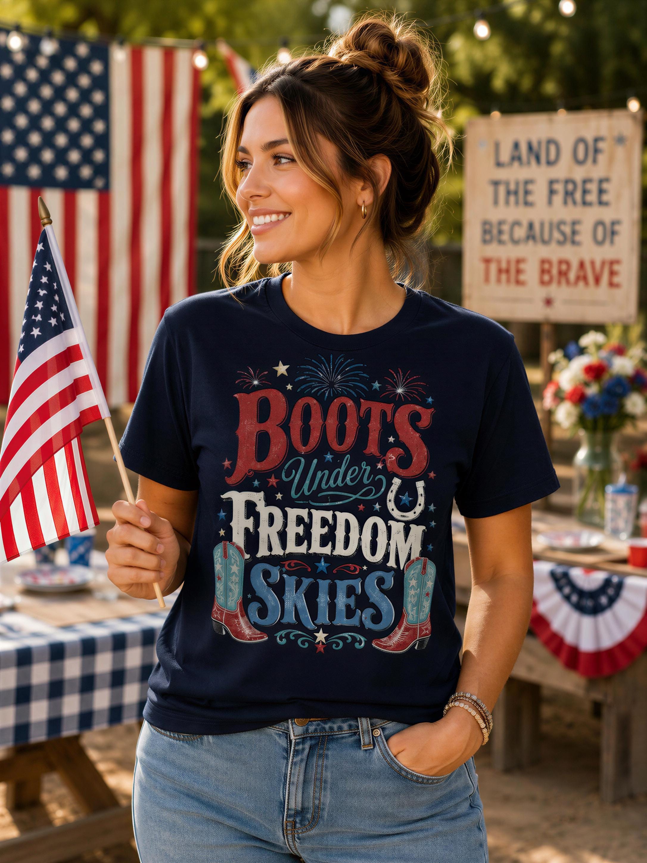 A woman wearing a black t-shirt with a patriotic design and holding an American flag stands in front of a patriotic backdrop.