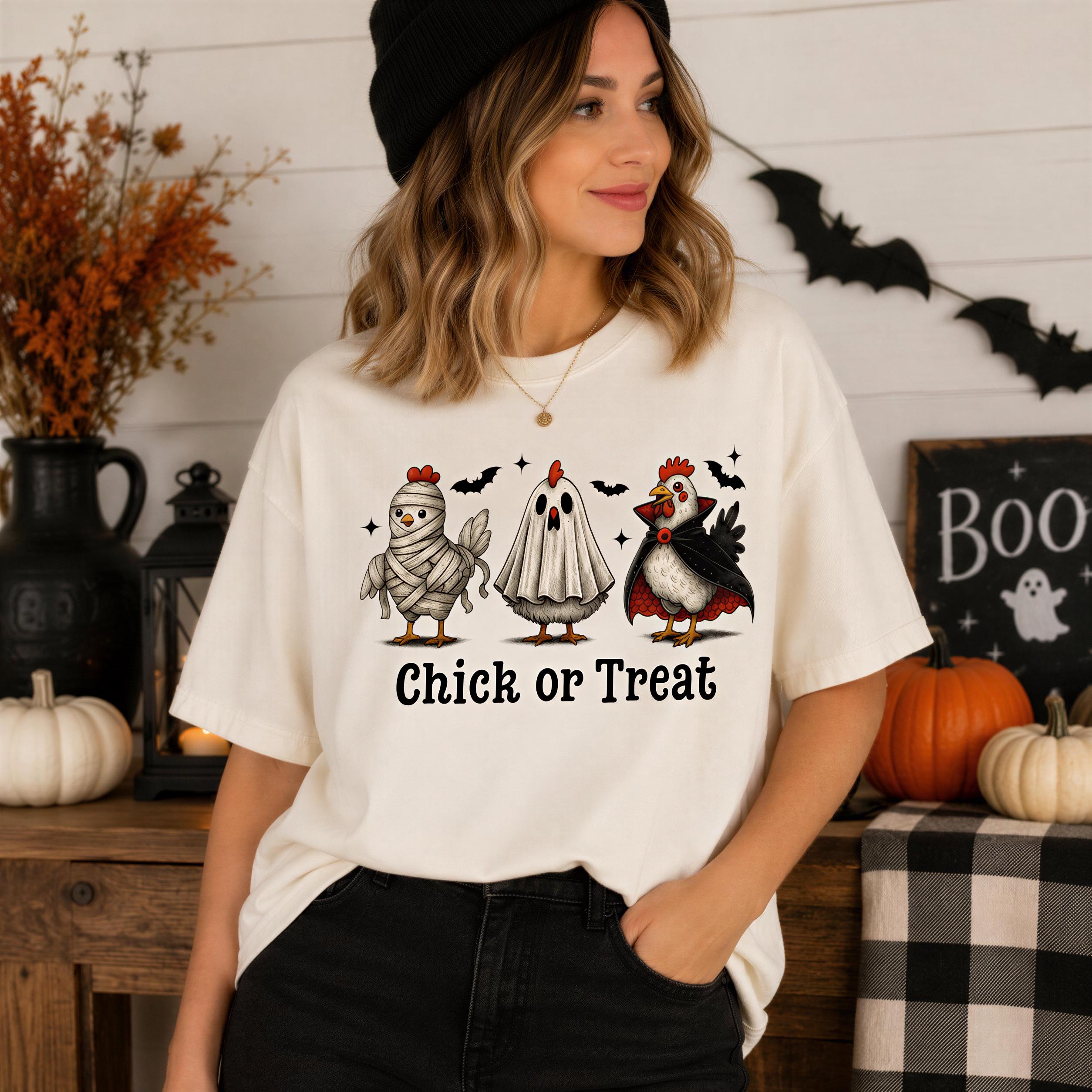 A woman wearing a white t-shirt with a graphic design of three cartoon chickens dressed as Halloween characters, along with the text "Chick or Treat".