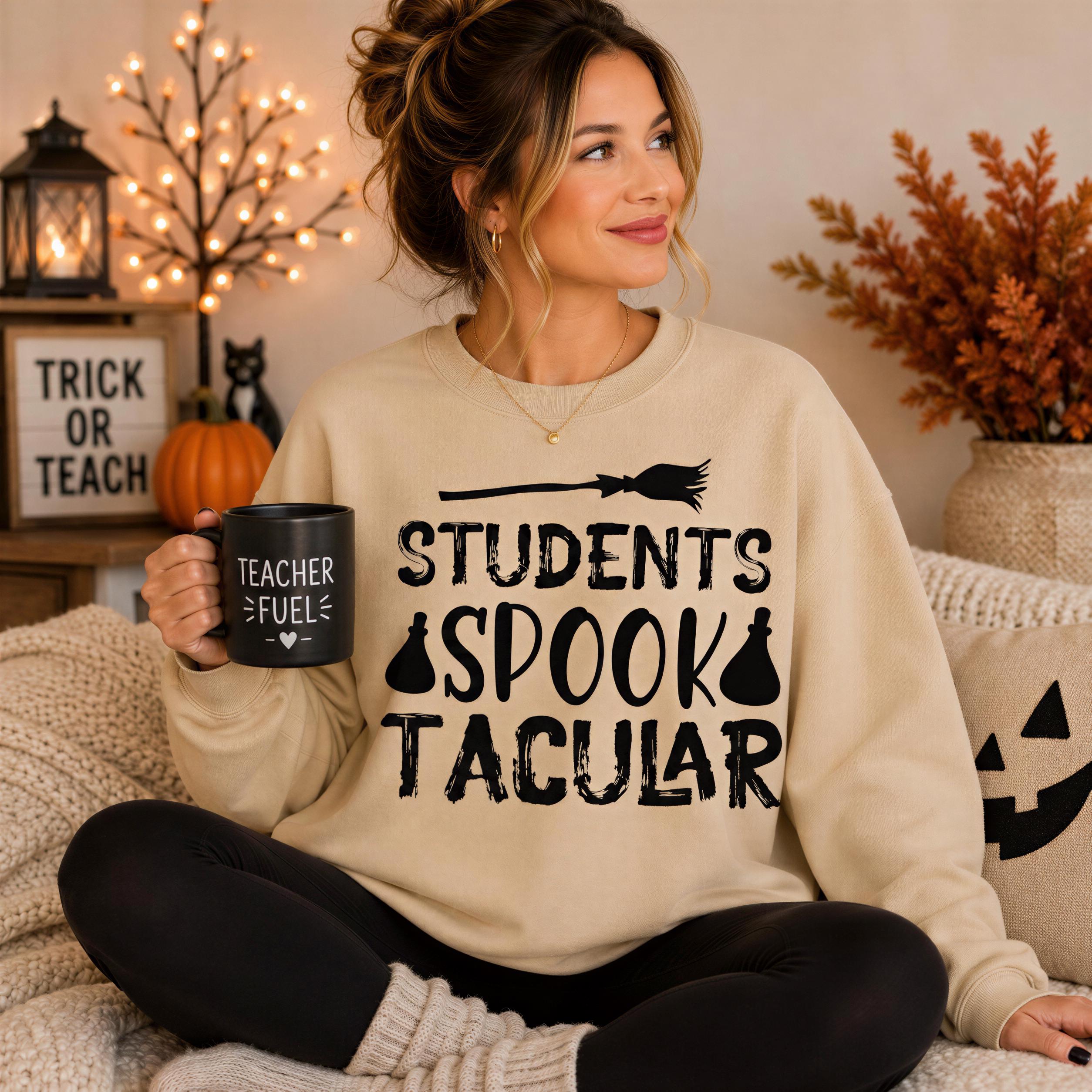 A woman sitting on a couch, wearing a beige sweater with the text "STUDENTS SPOOK TACULAR" printed on it. She is holding a mug with the text "TEACHER FUEL" printed on it. The background includes a Halloween-themed decoration and a pumpkin.