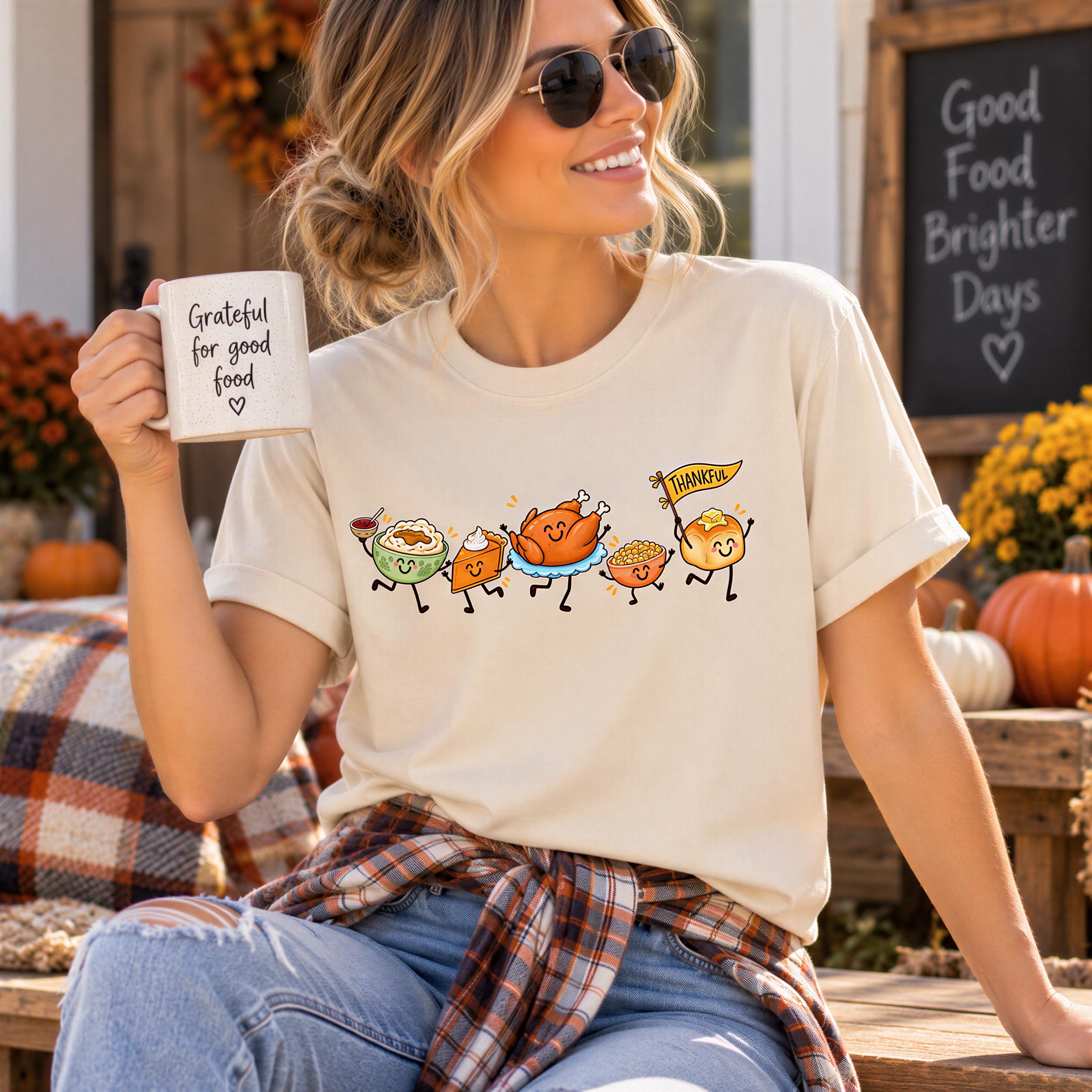 A woman wearing sunglasses and a t-shirt with a graphic of cartoon food characters is sitting on a bench, holding a coffee mug with a message about gratitude for good food.