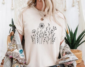 Camiseta con estampado floral lineal: Flores silvestres bohemias (Algodón suave, unisex)
