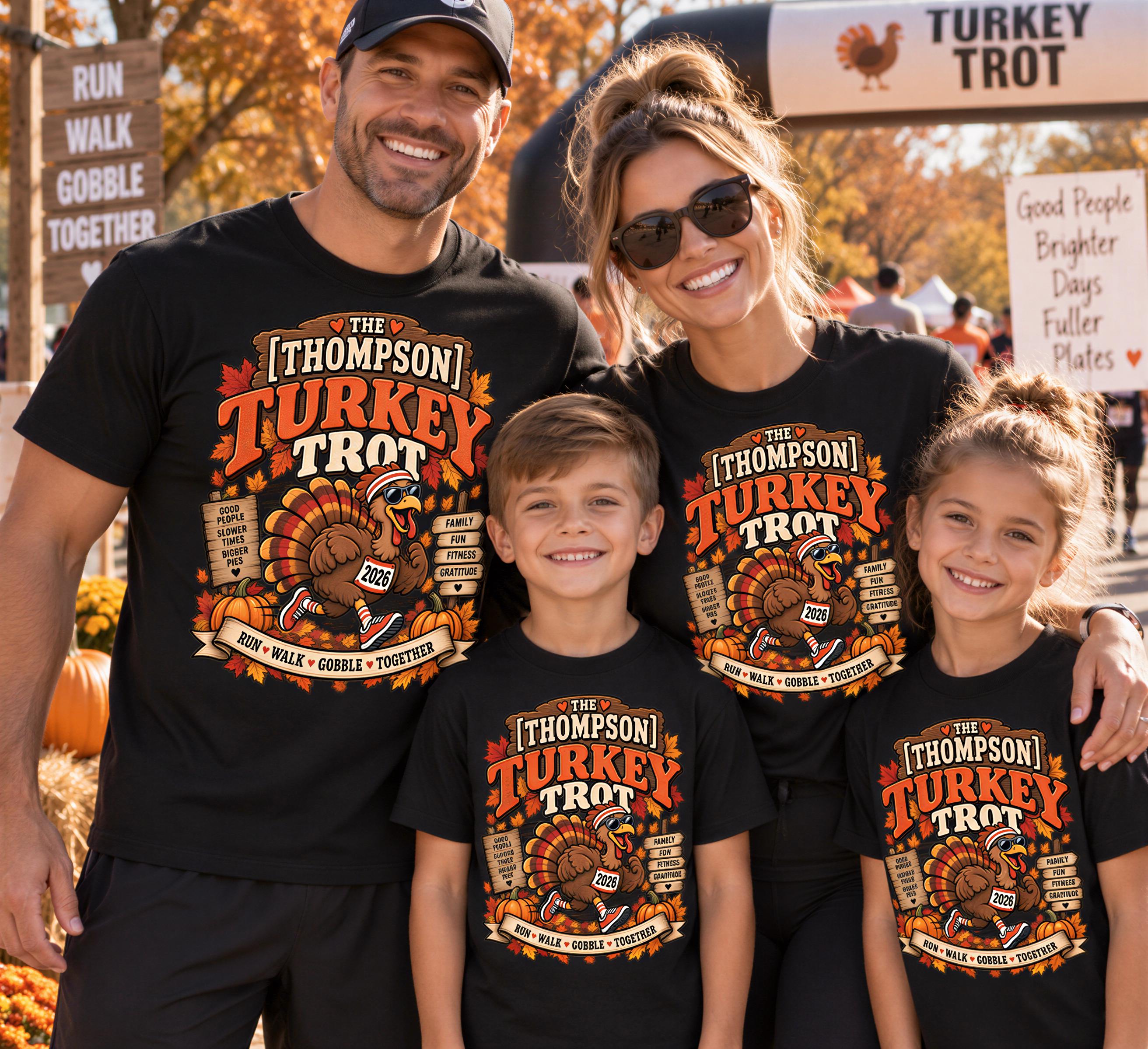 A family of four, consisting of two adults and two children, is posing together for a photo. They are all wearing matching black t-shirts with a turkey design and the text "The Thompson Turkey Trot" printed on them.