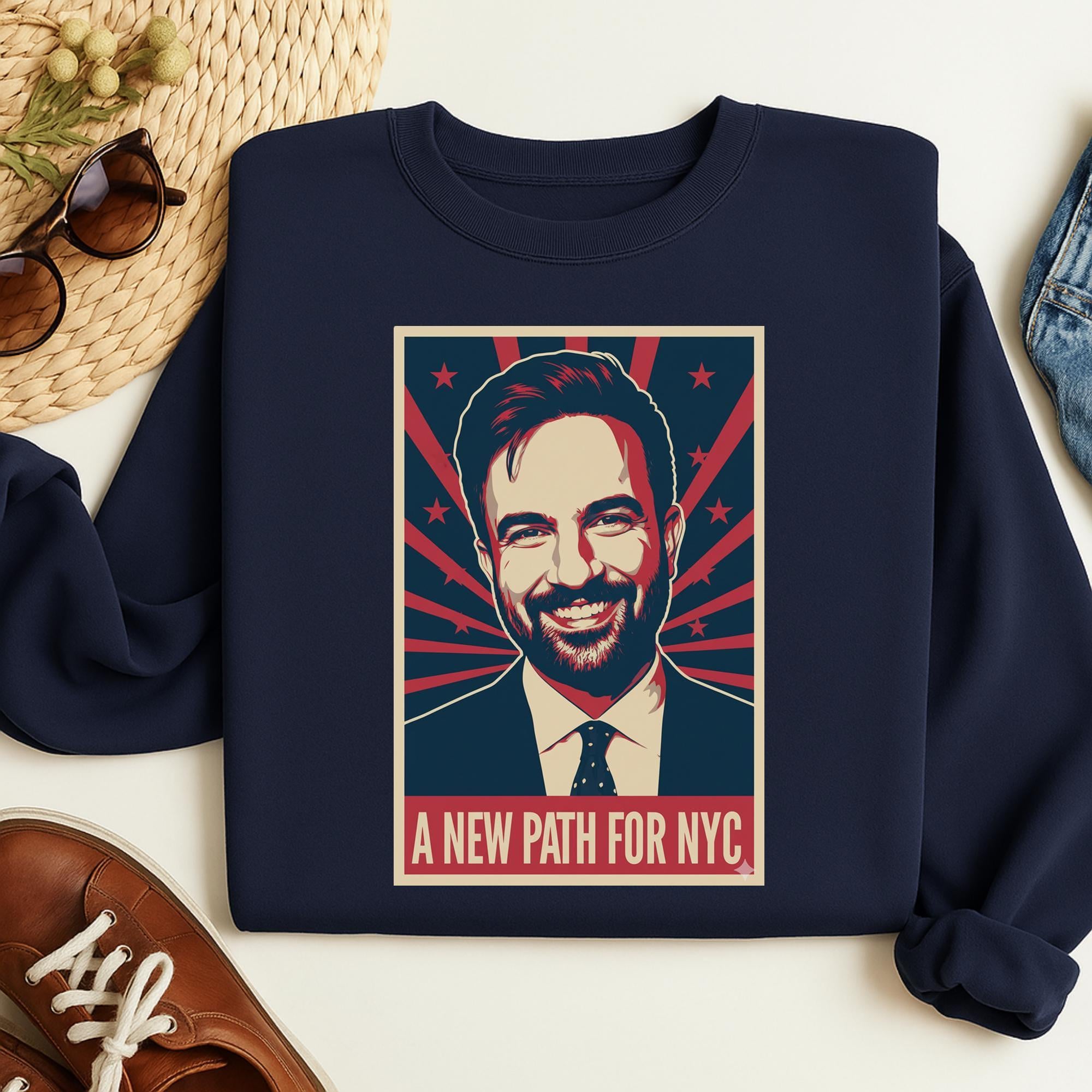 A navy blue sweatshirt with a graphic design featuring a smiling man wearing a suit and tie, along with the text "A NEW PATH FOR NYC".