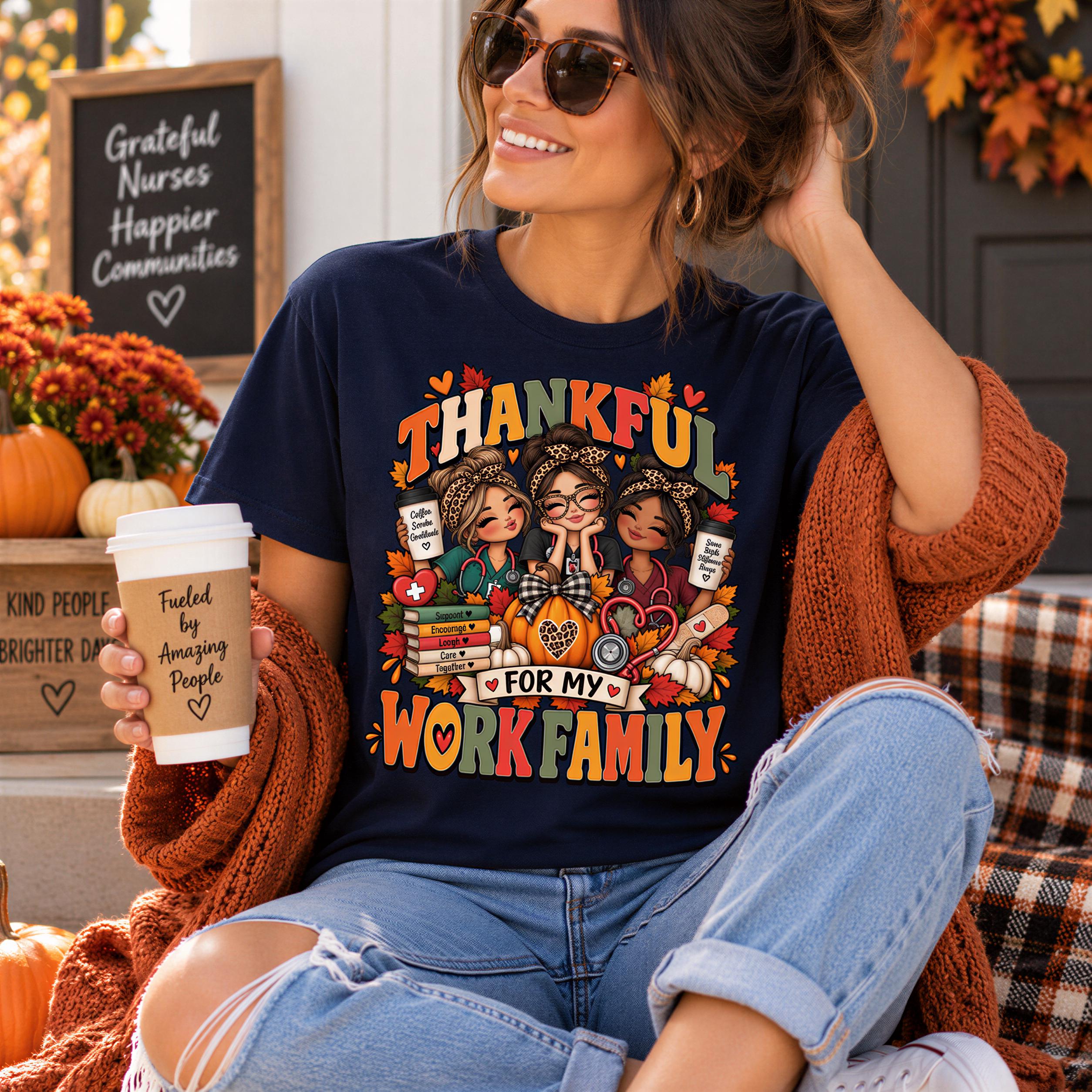 A woman wearing a black t-shirt with a colorful graphic design and holding a coffee cup, smiling and sitting on a plaid blanket.