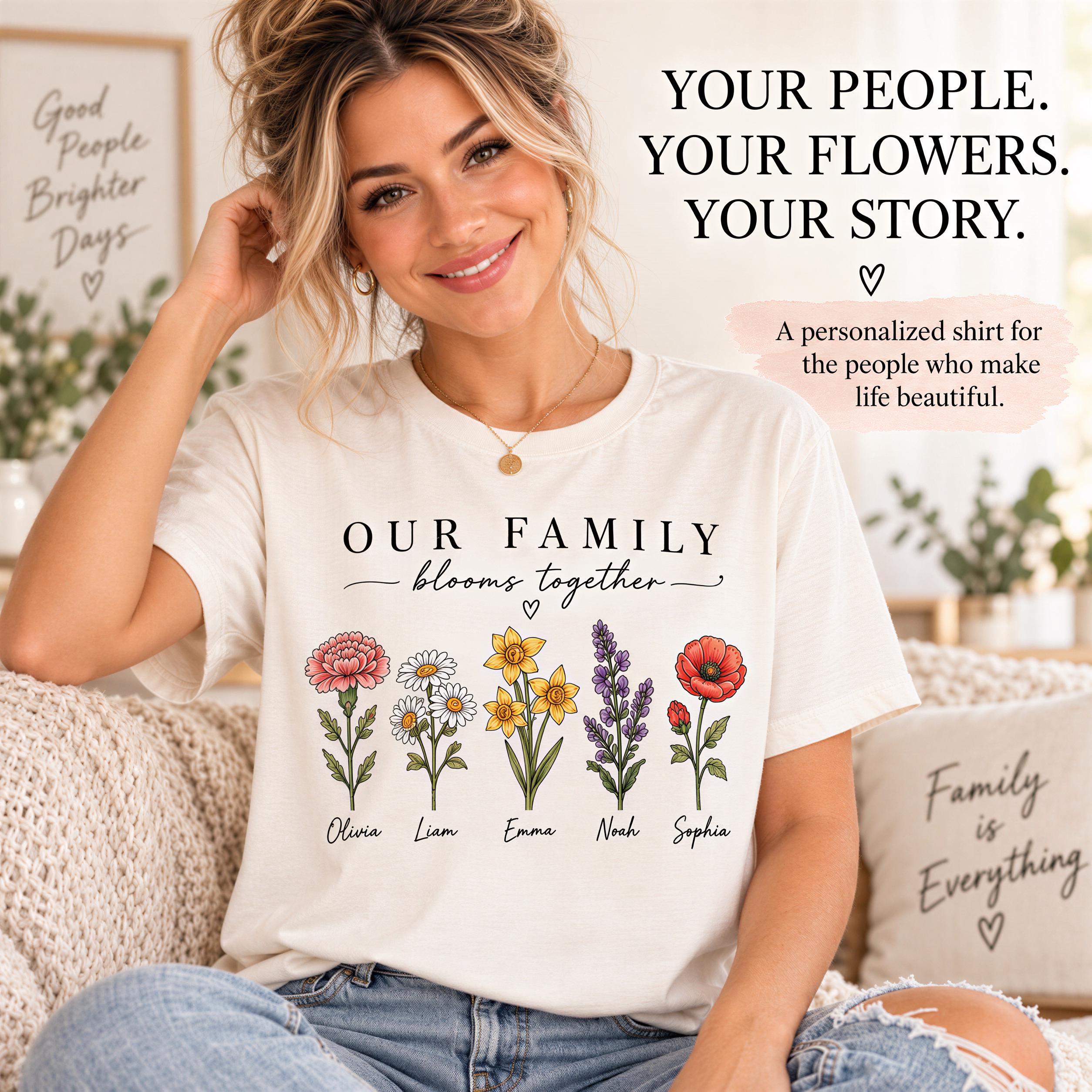 A smiling woman wearing a white t-shirt with a floral design and text that reads "OUR FAMILY blooms together" and names of family members.