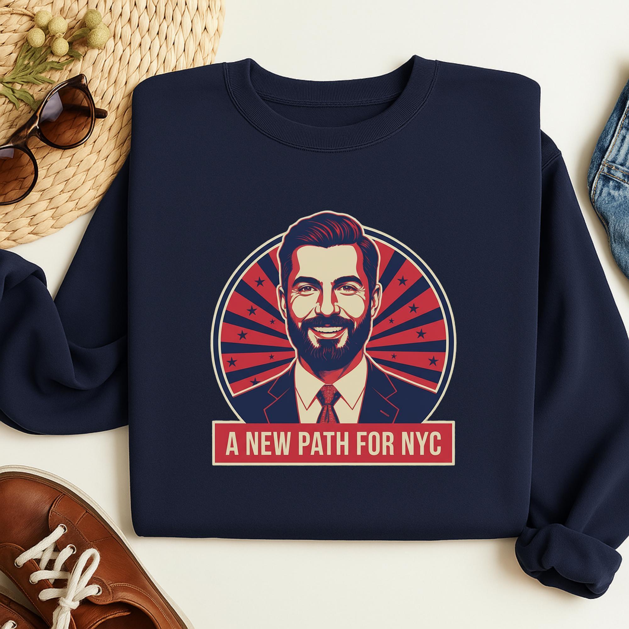 A navy blue sweatshirt with a graphic design featuring a man's face wearing a suit and tie, along with the text "A NEW PATH FOR NYC".