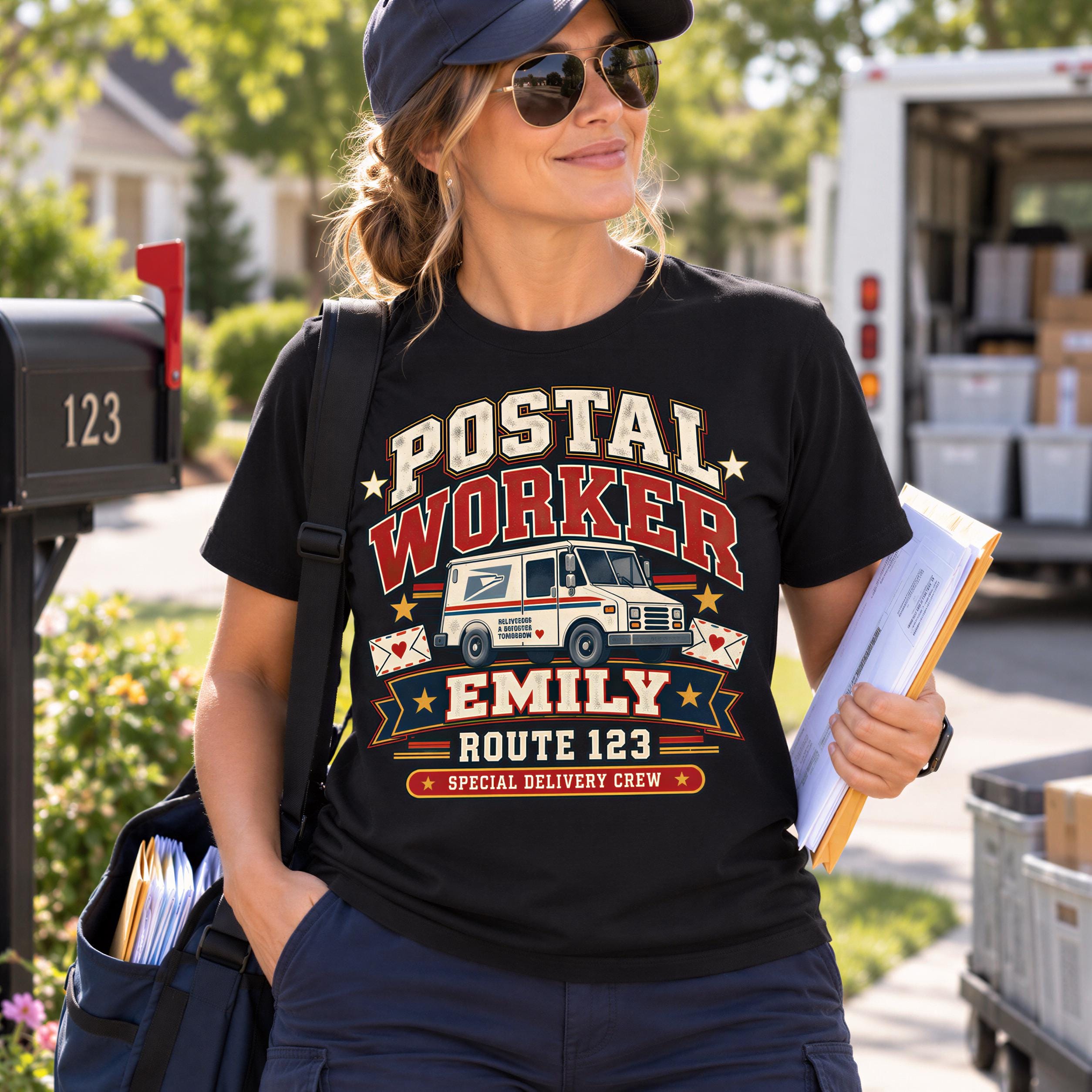 A woman wearing a black t-shirt with a graphic design of a postal worker and a mail truck, holding a package and standing next to a mailbox.