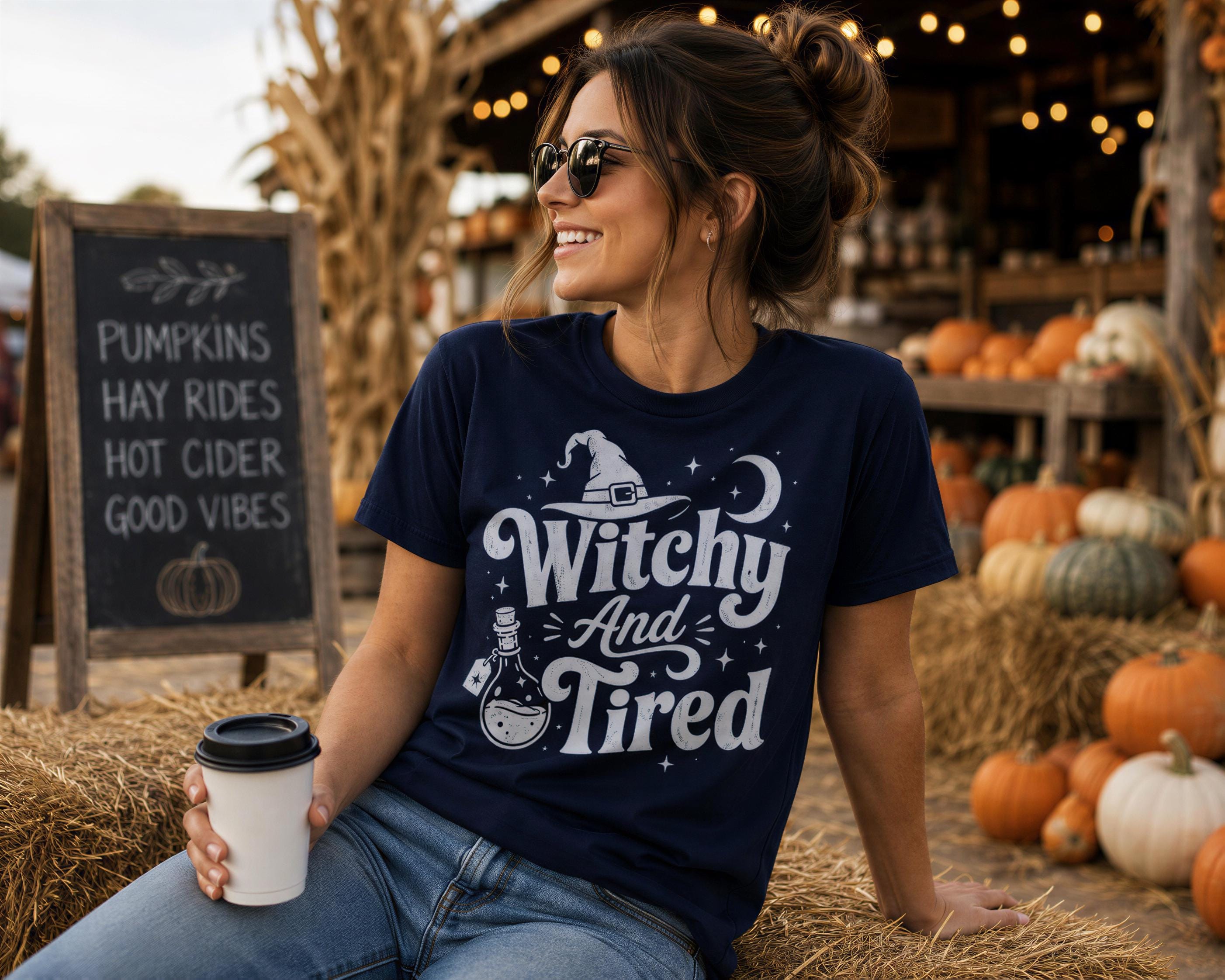 A woman wearing a blue t-shirt with a whimsical design sits on a pile of hay, holding a coffee cup and smiling.