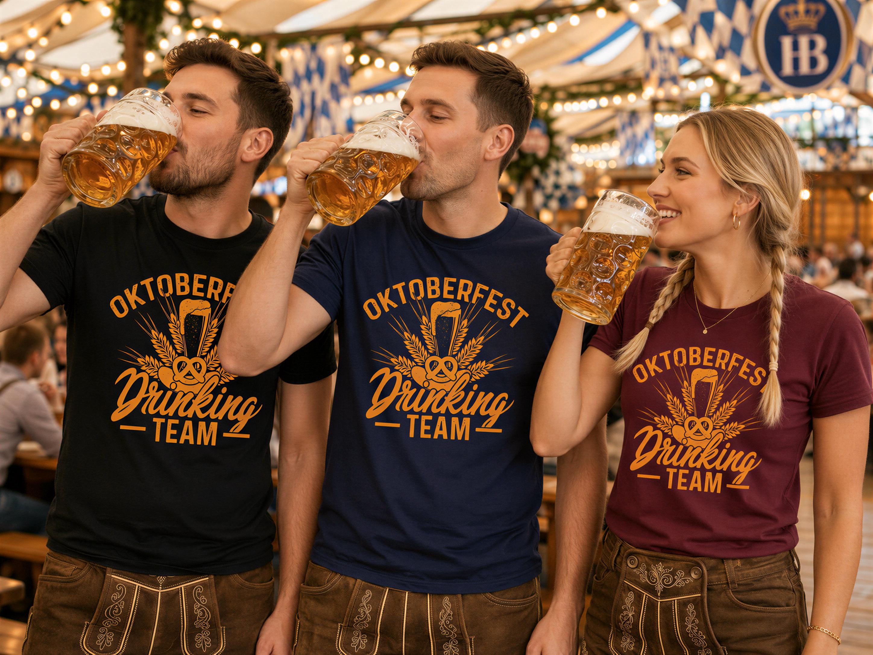 Three people wearing t-shirts with the text "OKTOBERFEST Drinking Team" are drinking beer together in a festive setting.