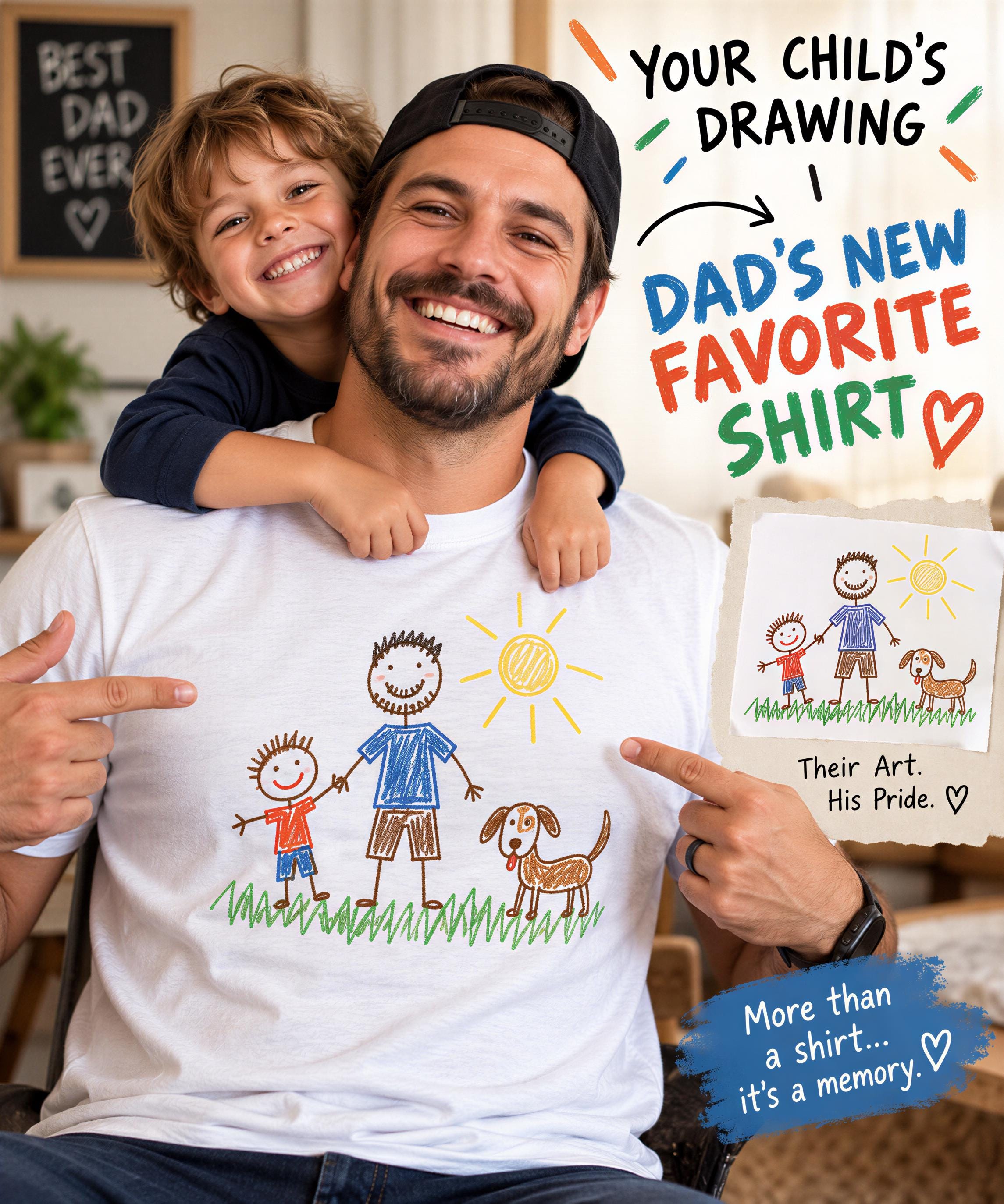 A man wearing a white t-shirt with a drawing of a father and son, and a child holding a drawing of a father and son, smiling and pointing at the t-shirt.