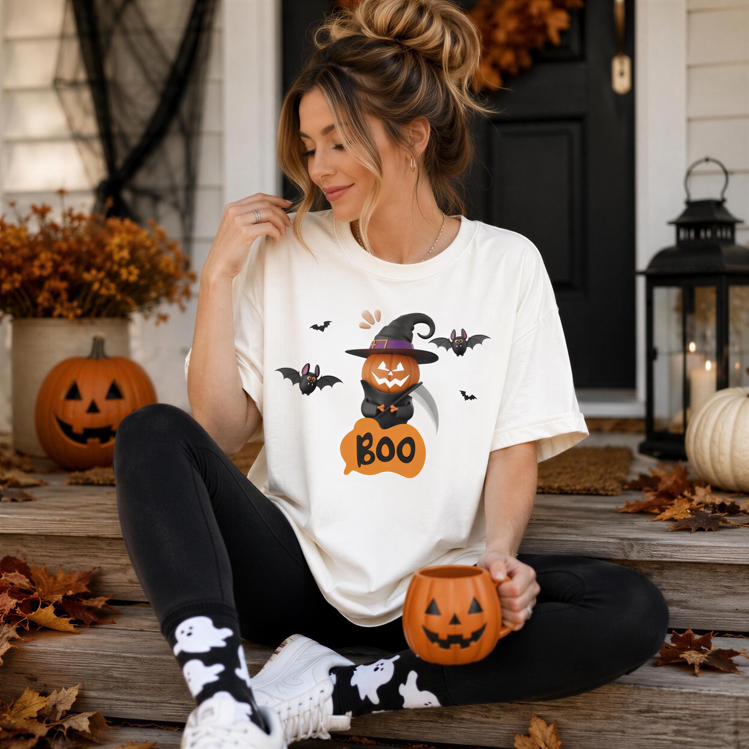 A woman sitting on a porch with Halloween decorations, including pumpkins and bats, and holding a mug with a Halloween design.