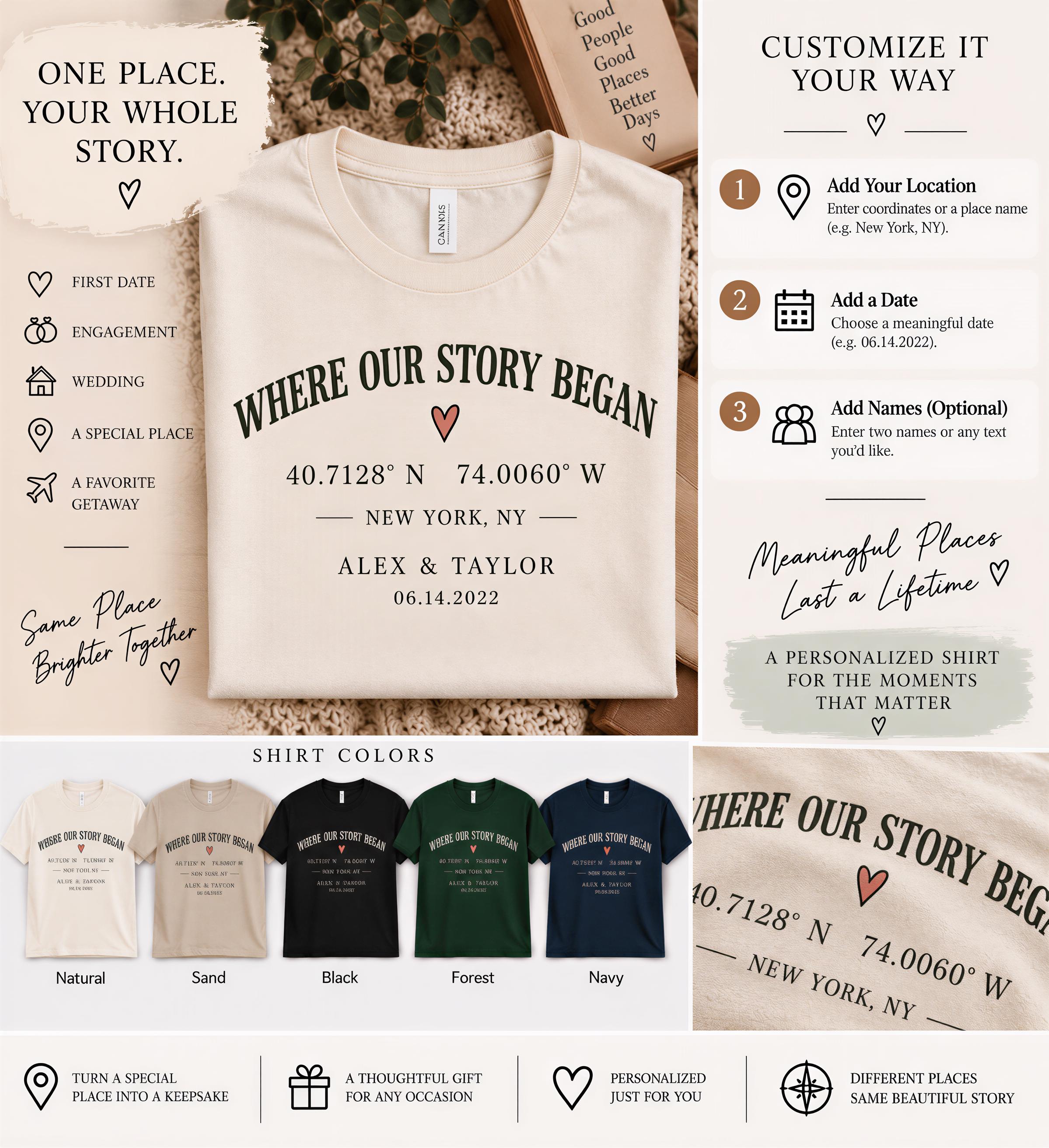 The image is a collage of various elements related to a t-shirt design, including a t-shirt, a location marker, a date selection, and a personalized shirt. The image does not contain any text that can be described in fewer than 500 characters.