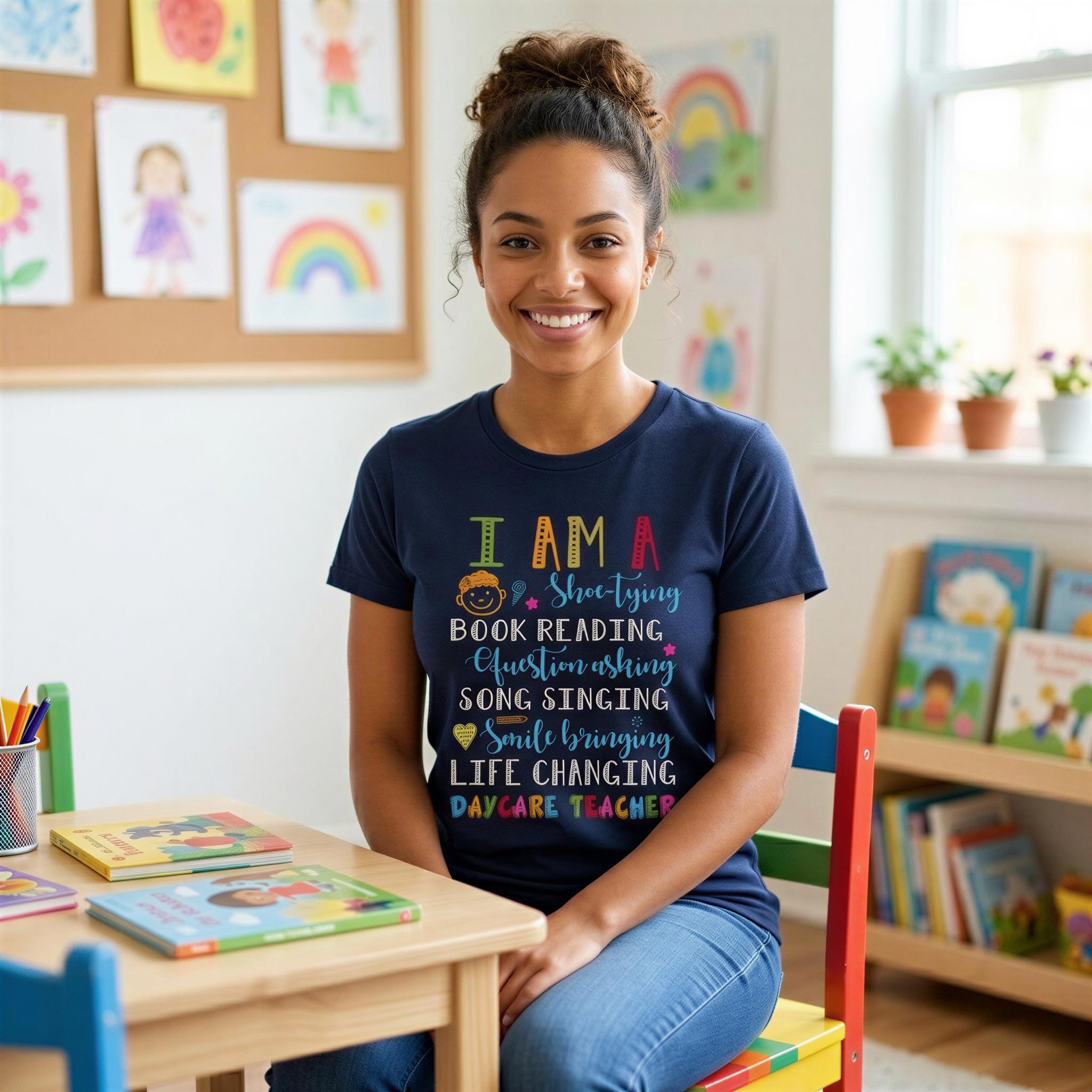 A smiling woman wearing a blue t-shirt with text on it, sitting at a table in a colorful classroom setting.