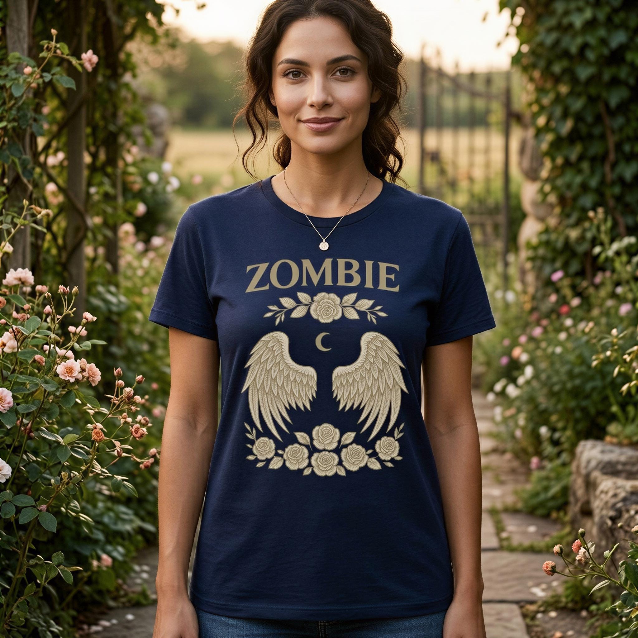A woman wearing a navy blue t-shirt with a graphic design of wings and flowers, standing in a garden surrounded by greenery and pink flowers.
