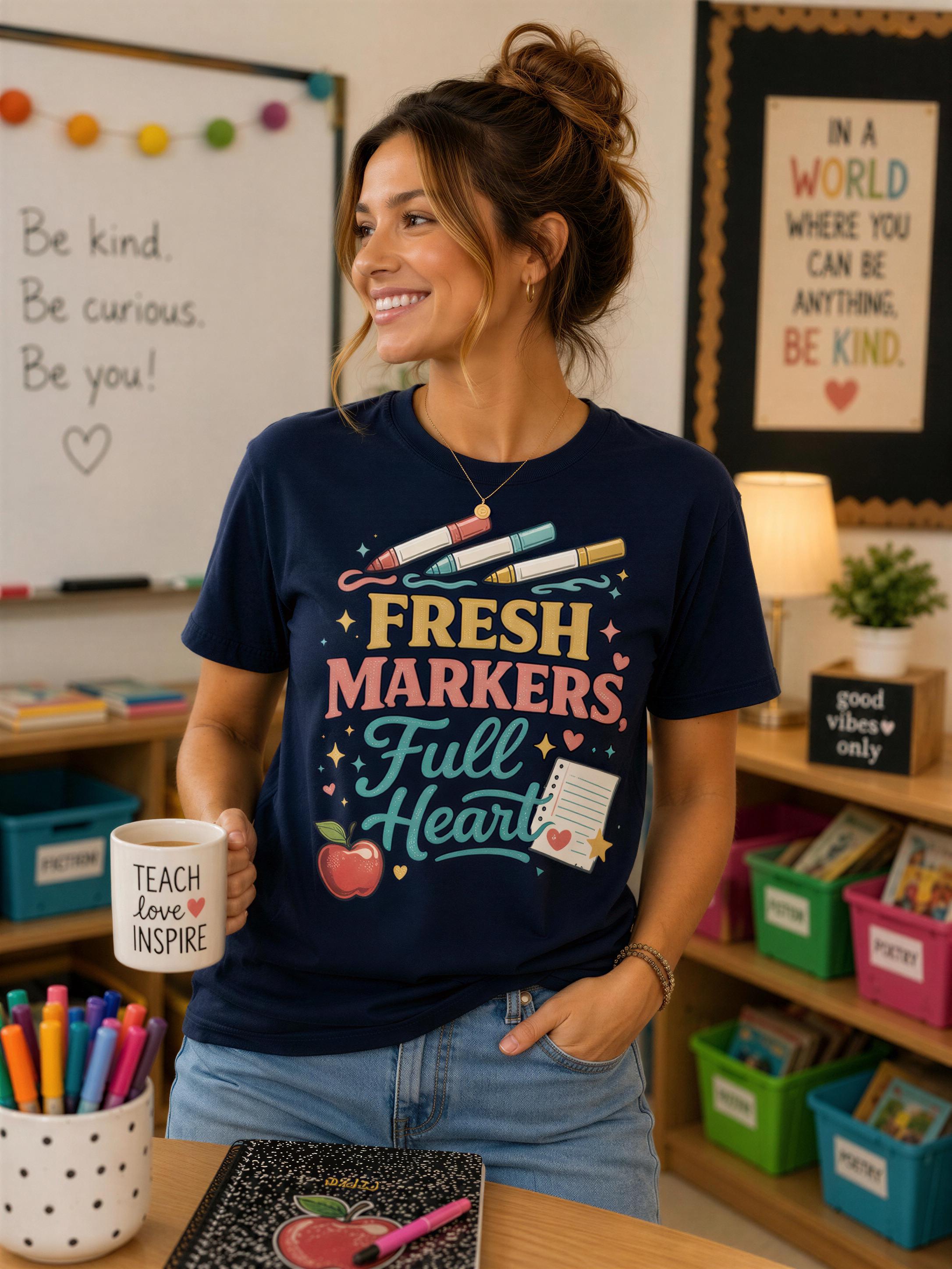 A woman wearing a navy blue t-shirt with a colorful graphic and text, smiling and holding a coffee mug, standing in a classroom setting with a bulletin board and various school supplies visible in the background.