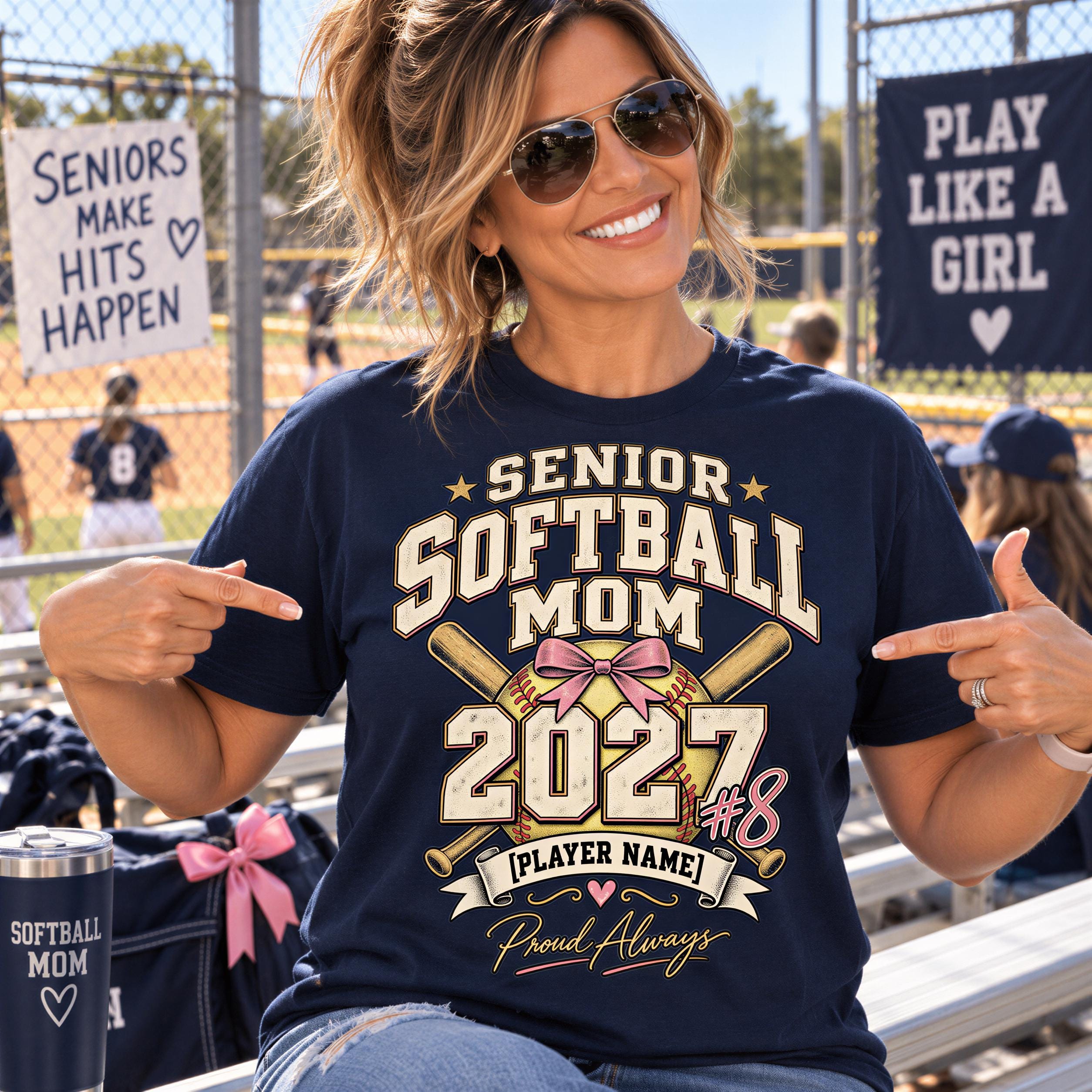 A woman wearing a navy blue t-shirt with a graphic design and text, smiling and pointing at the shirt.