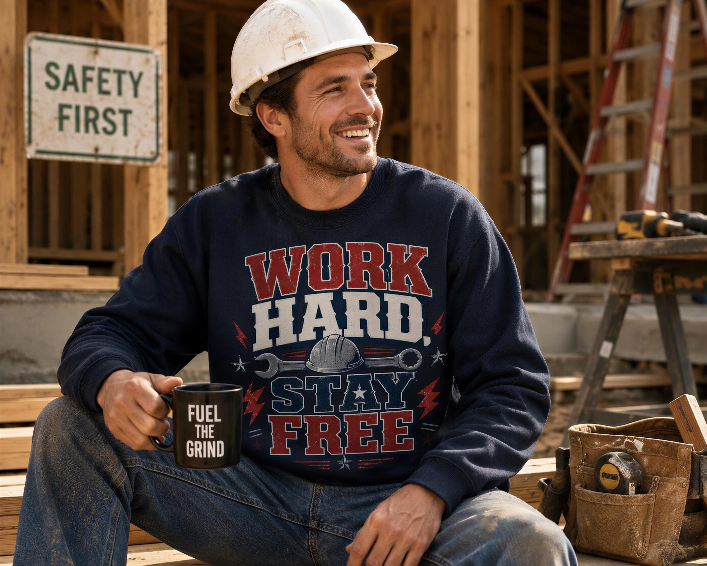 A man wearing a hard hat and a blue sweatshirt with the text "WORK HARD. STAY FREE" is sitting on a bench, holding a coffee mug and smiling.