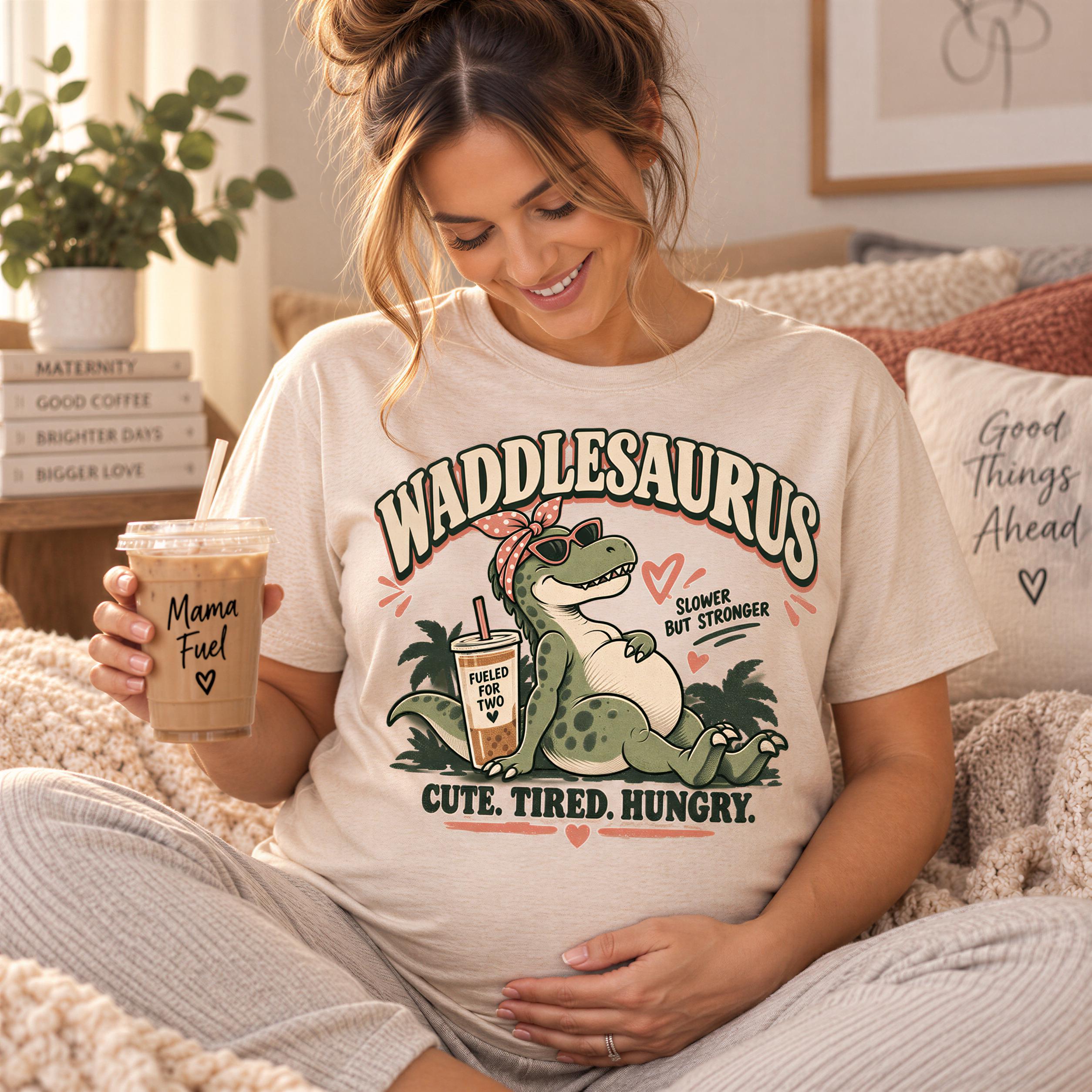 A pregnant woman wearing a t-shirt with a cartoon dinosaur and text, holding a drink and sitting on a bed.