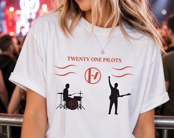 Twenty One Pilots Band Logo Tee, Drummer Guitarist Graphic, Red Accents (Unisex)