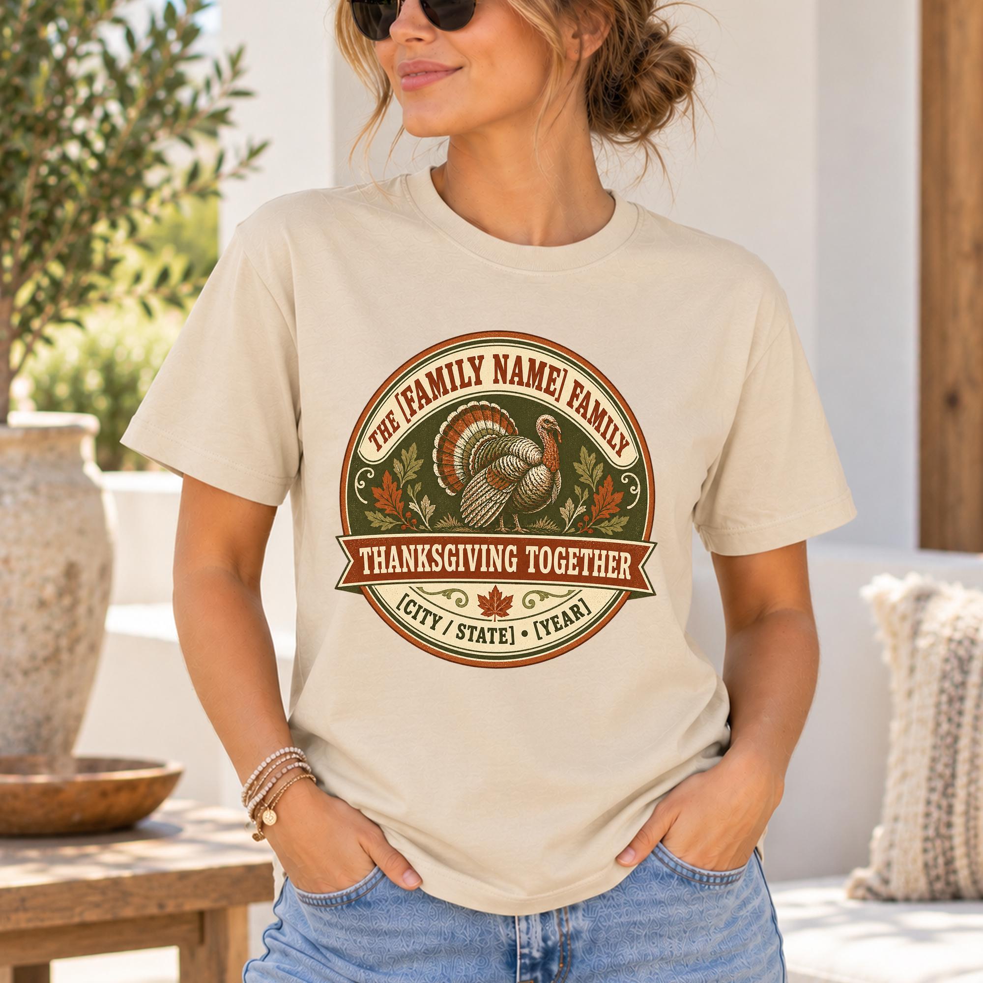 A woman wearing a t-shirt with a graphic design of a turkey and the text "The Family Name Family Thanksgiving Together City/State/Country" is standing in front of a wooden table with a vase on it.