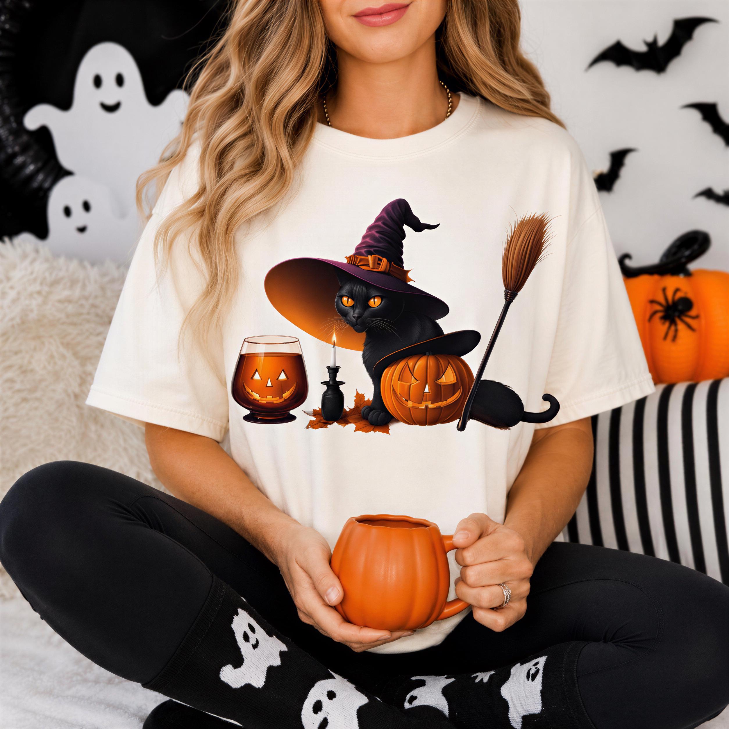 A woman wearing a white t-shirt with a Halloween-themed graphic of a cat in a witch's hat, holding a pumpkin and a mug, with a Halloween-themed background.