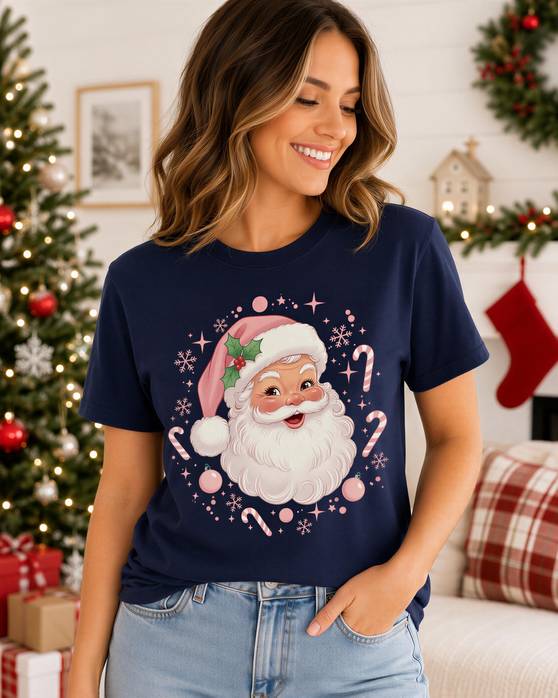 A woman wearing a navy blue t-shirt with a Santa Claus graphic and pink candy decorations is smiling in front of a Christmas tree.