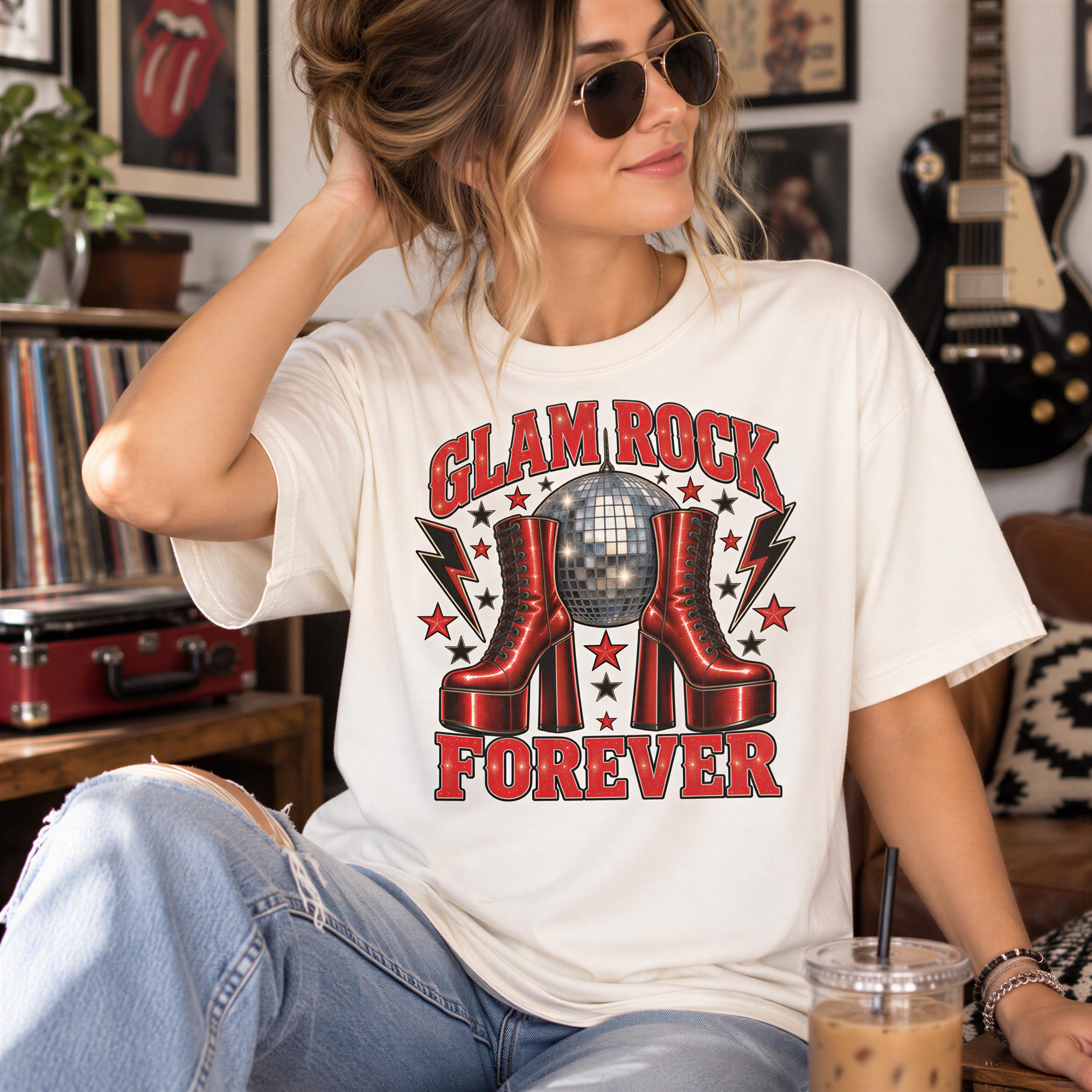 A woman wearing a white t-shirt with a graphic design of red high heels and the text "Glam Rock Forever" is sitting in a room with various items around her, including a guitar and a suitcase.