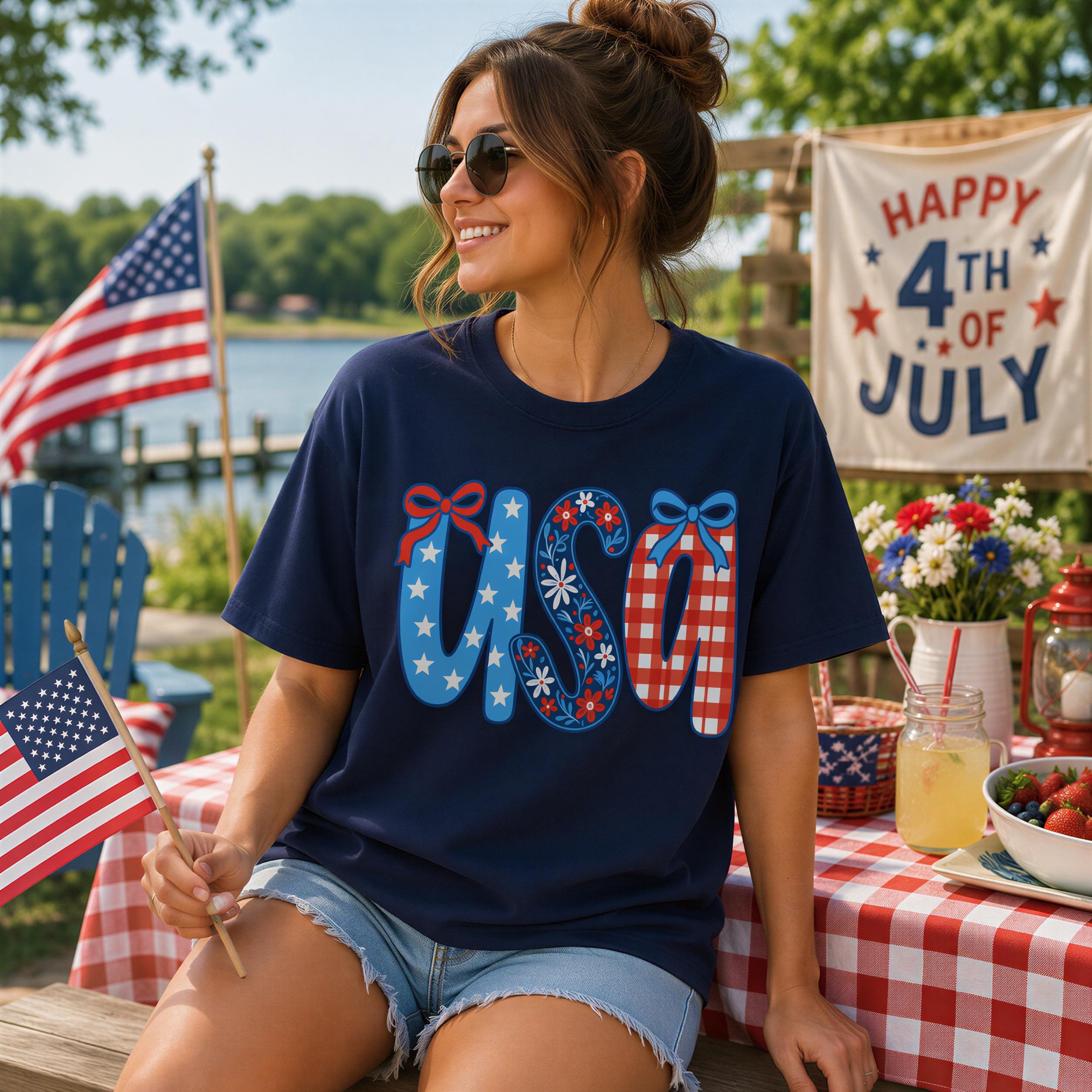 A woman wearing a blue t-shirt with the word "USA" on it, sitting on a bench and holding an American flag, with a "Happy 4th of July" banner in the background.