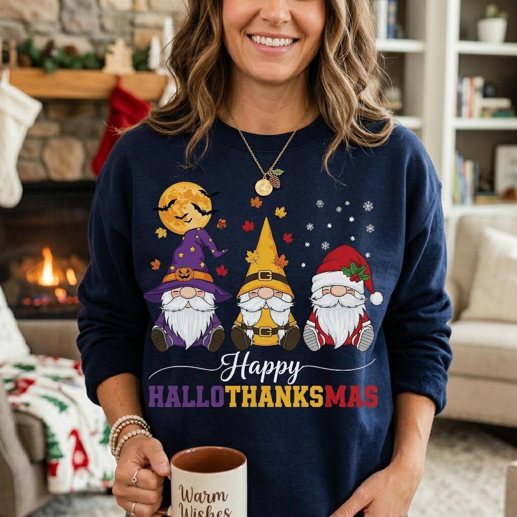 A woman wearing a blue sweater with a graphic design of three gnomes and the text "Happy Hallo Thanksmas" is holding a mug.