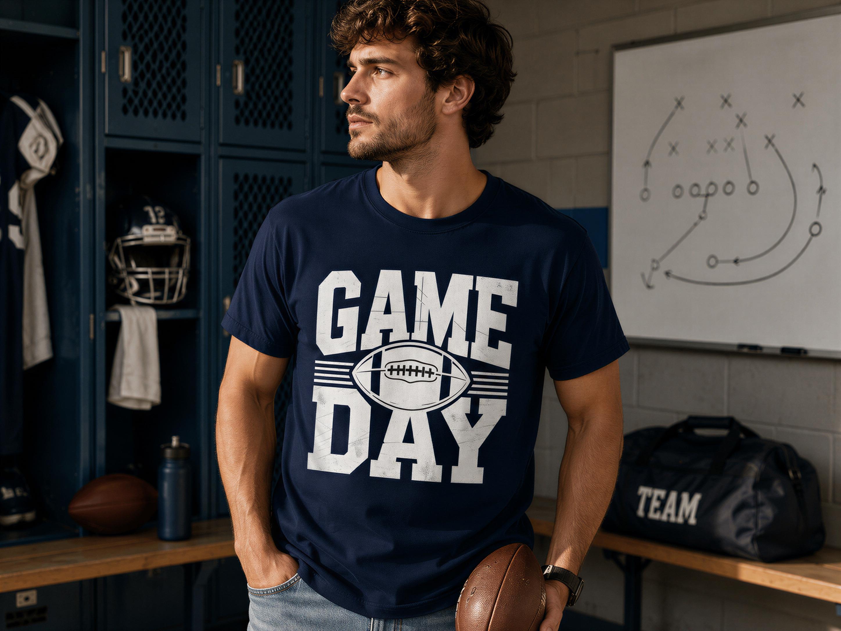 A man wearing a navy blue t-shirt with the text "GAME DAY" stands in a locker room, holding a football.